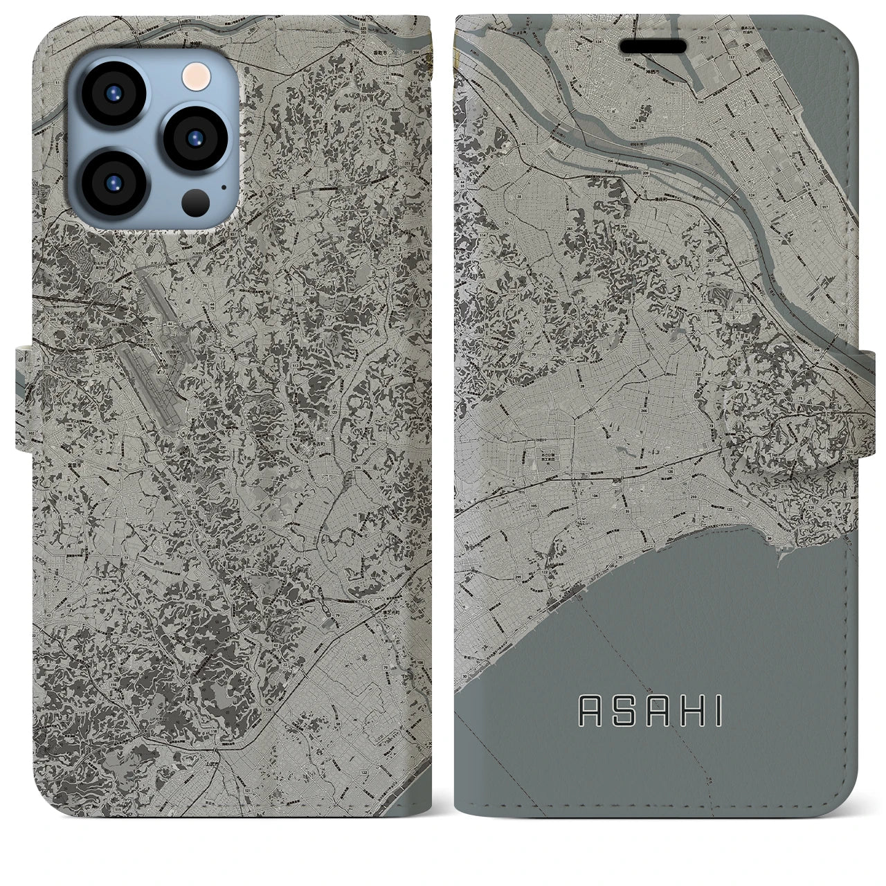 【旭(千葉県)】地図柄iPhoneケース(手帳タイプ)モノトーン・iPhone 13 Pro Max 用
