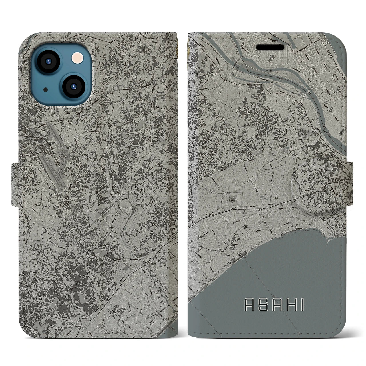 【旭(千葉県)】地図柄iPhoneケース(手帳タイプ)モノトーン・iPhone 13 用