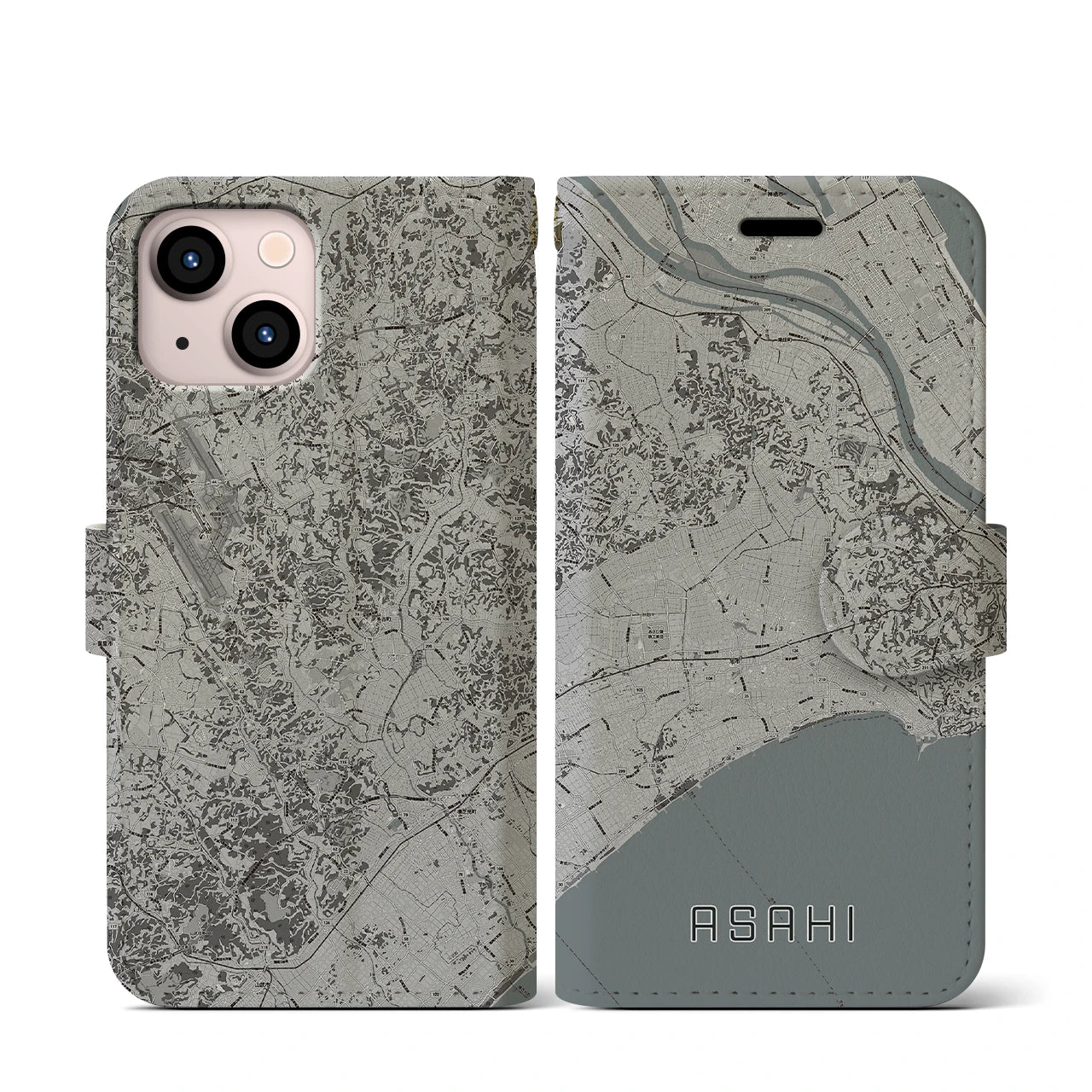 【旭(千葉県)】地図柄iPhoneケース(手帳タイプ)モノトーン・iPhone 13 mini 用