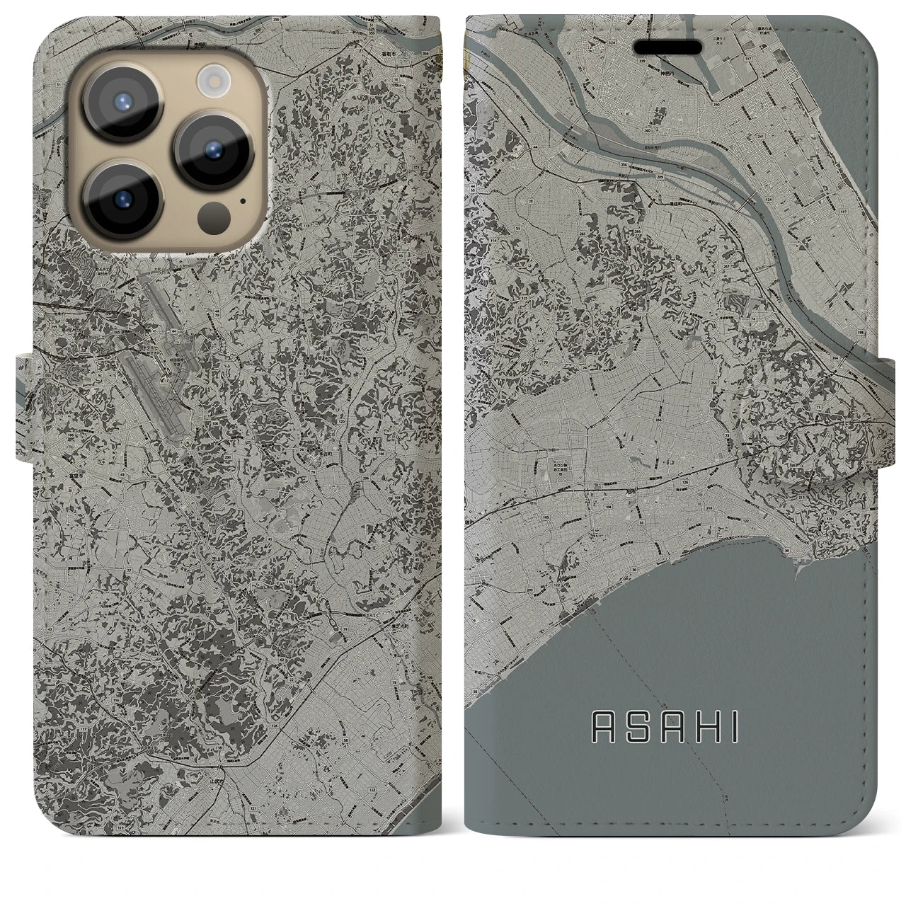 【旭(千葉県)】地図柄iPhoneケース(手帳タイプ)モノトーン・iPhone 14 Pro Max 用