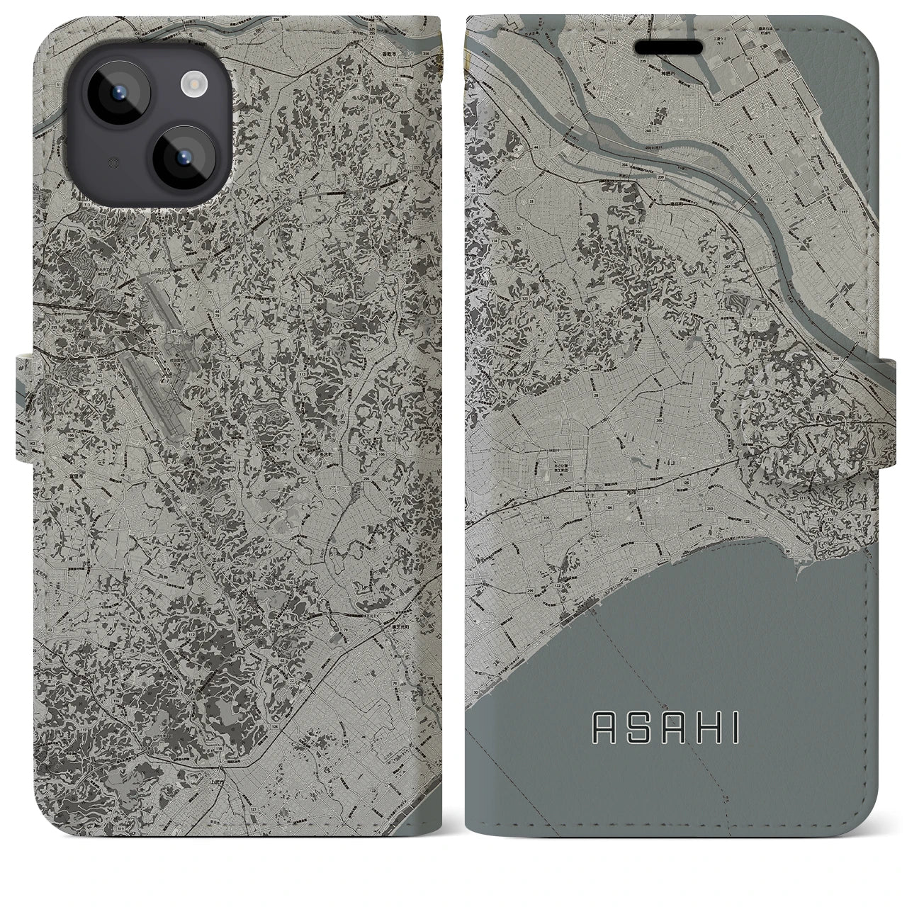 【旭(千葉県)】地図柄iPhoneケース(手帳タイプ)モノトーン・iPhone 14 Plus 用