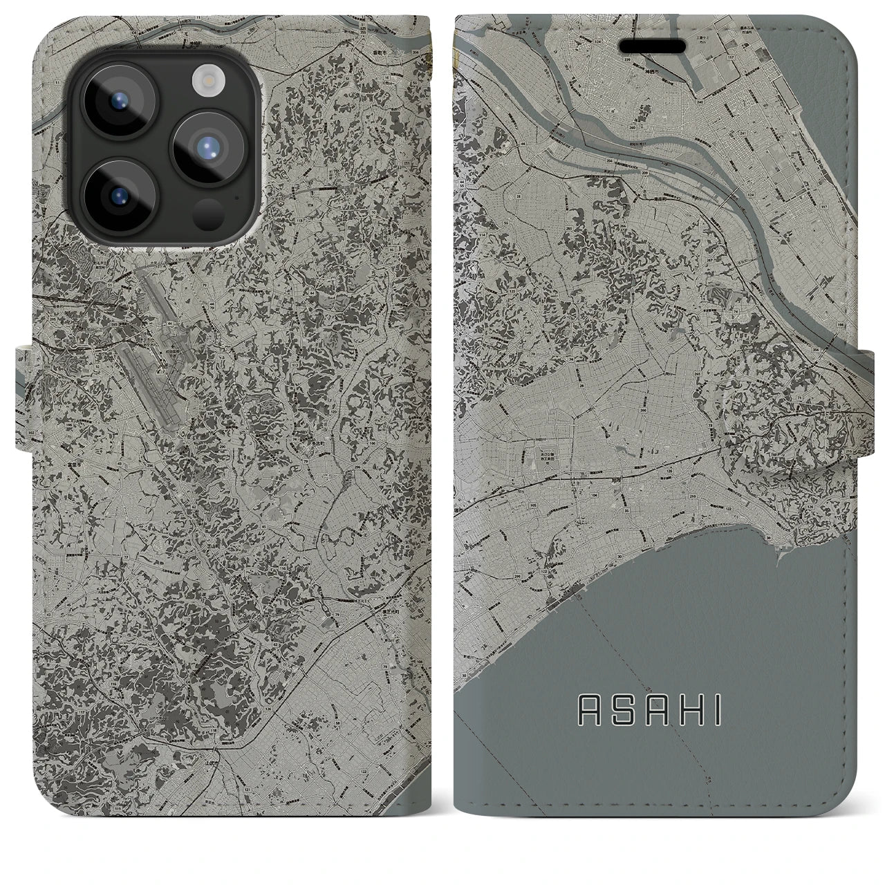 【旭(千葉県)】地図柄iPhoneケース(手帳タイプ)モノトーン・iPhone 15 Pro Max 用