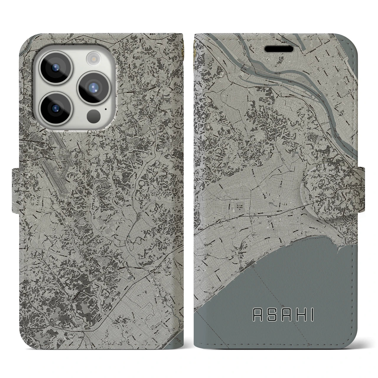 【旭(千葉県)】地図柄iPhoneケース(手帳タイプ)モノトーン・iPhone 15 Pro 用