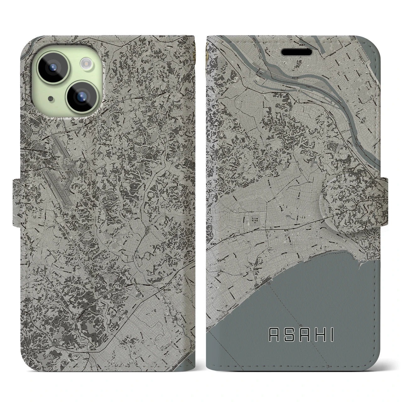 【旭(千葉県)】地図柄iPhoneケース(手帳タイプ)モノトーン・iPhone 15 用