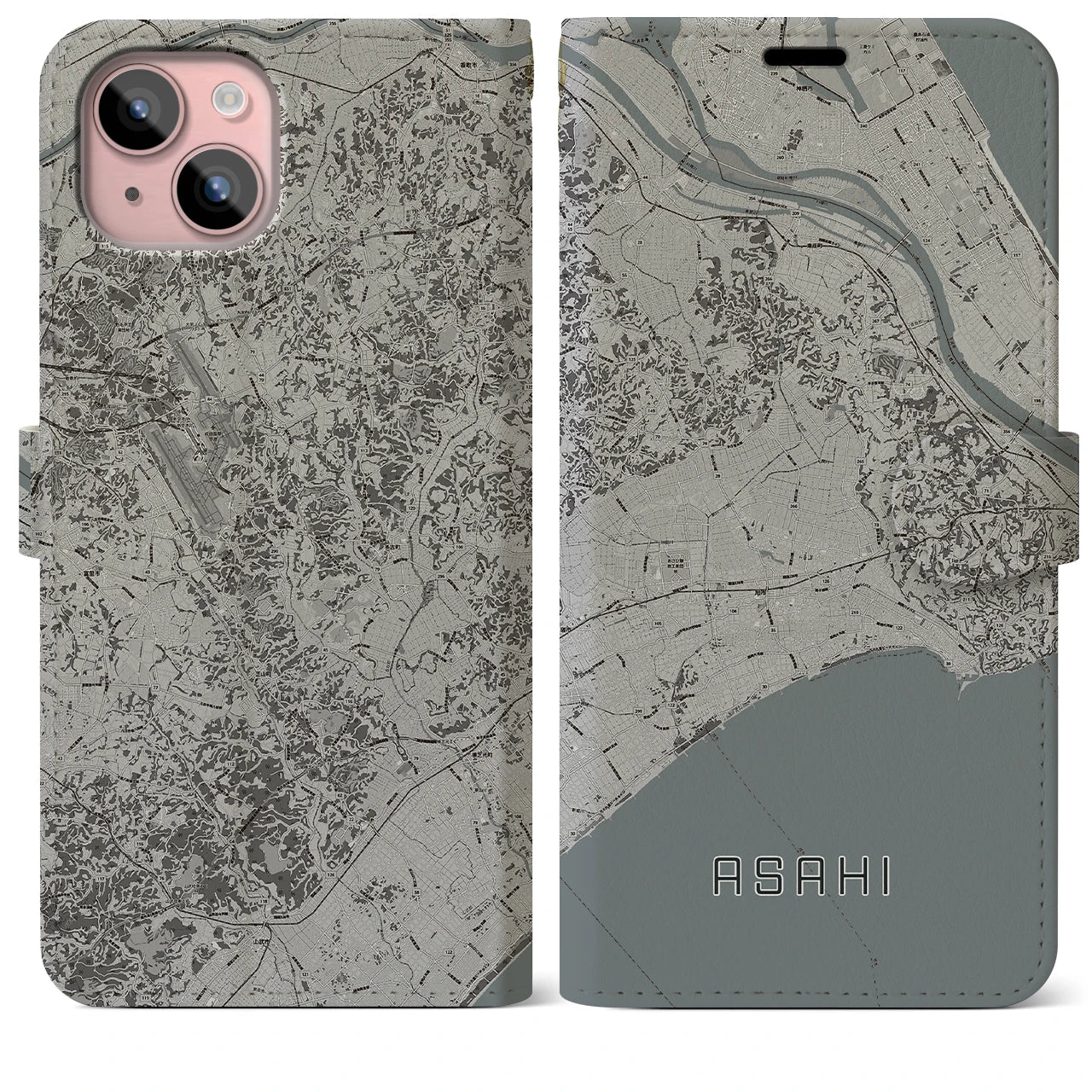 【旭(千葉県)】地図柄iPhoneケース(手帳タイプ)モノトーン・iPhone 15 Plus 用