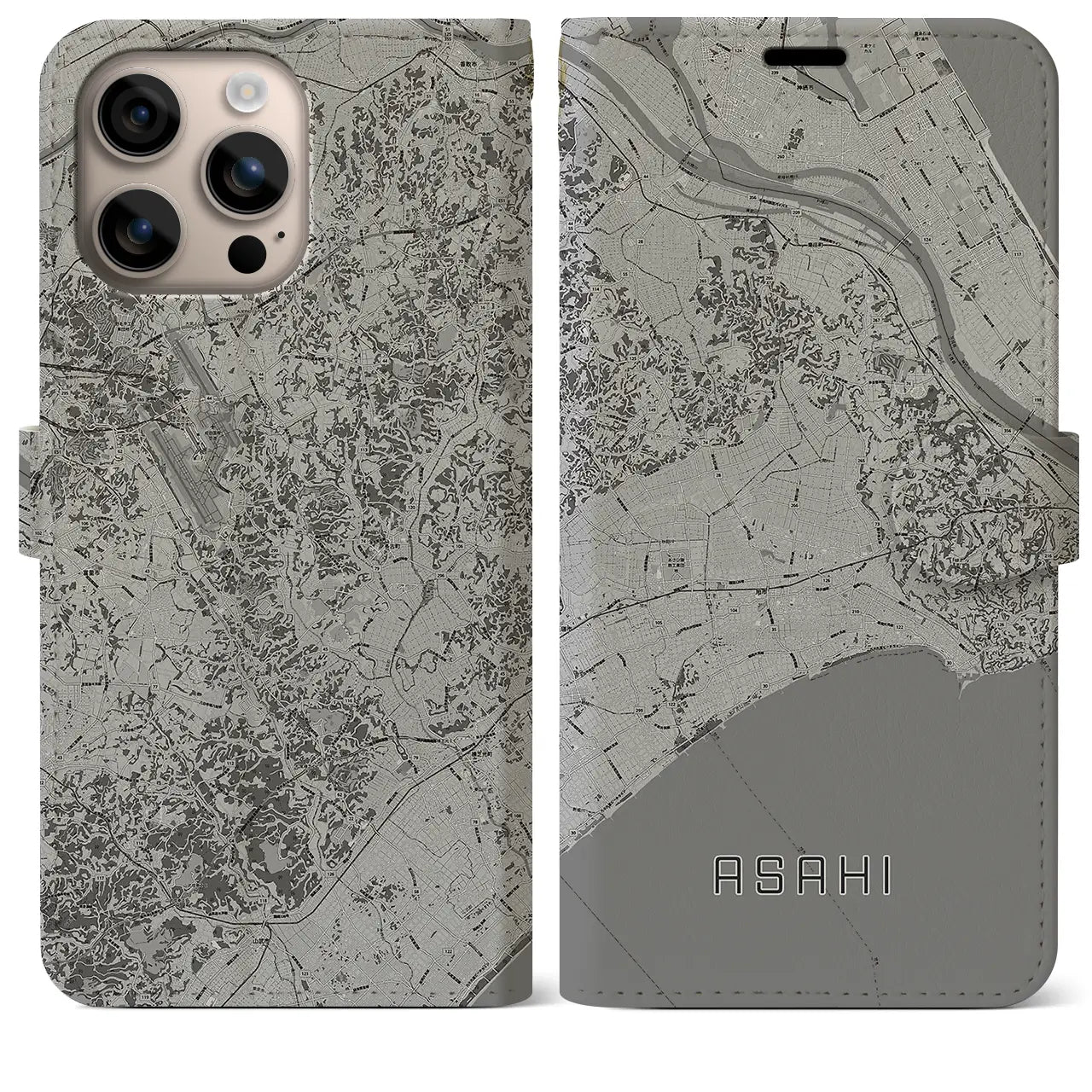 【旭(千葉県)】地図柄iPhoneケース(手帳タイプ)モノトーン・iPhone 16 Plus 用