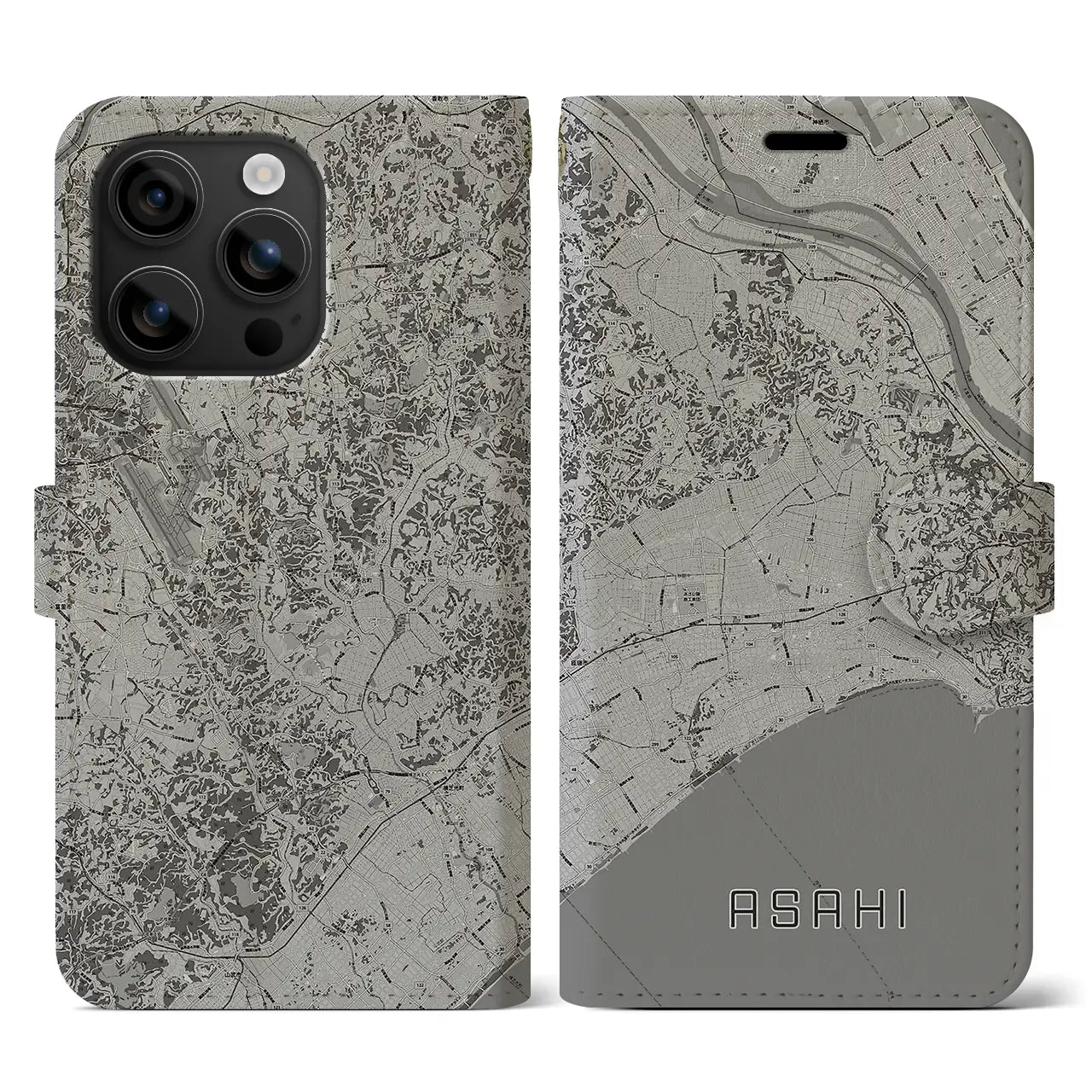 【旭(千葉県)】地図柄iPhoneケース(手帳タイプ)モノトーン・iPhone 16 用