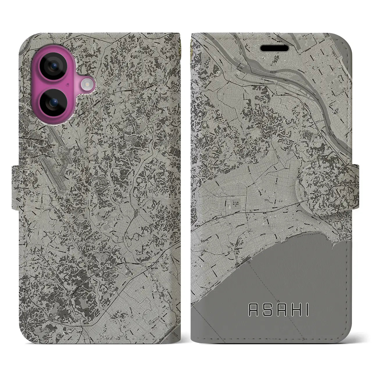 【旭(千葉県)】地図柄iPhoneケース(手帳タイプ)モノトーン・iPhone 16 Pro 用