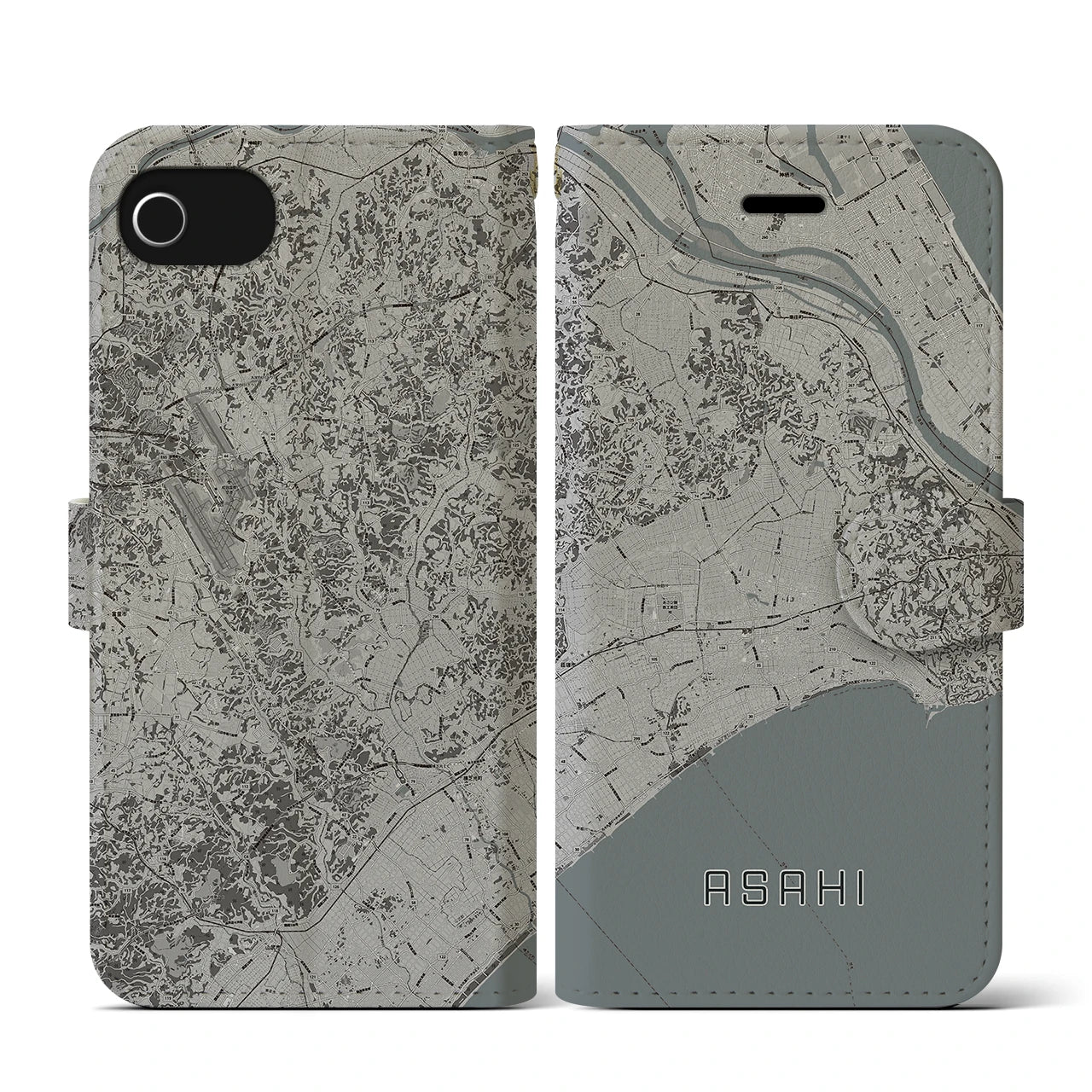【旭(千葉県)】地図柄iPhoneケース(手帳タイプ)モノトーン・iPhone SE(第3 / 第2世代) / 8 / 7 / 6s / 6 用