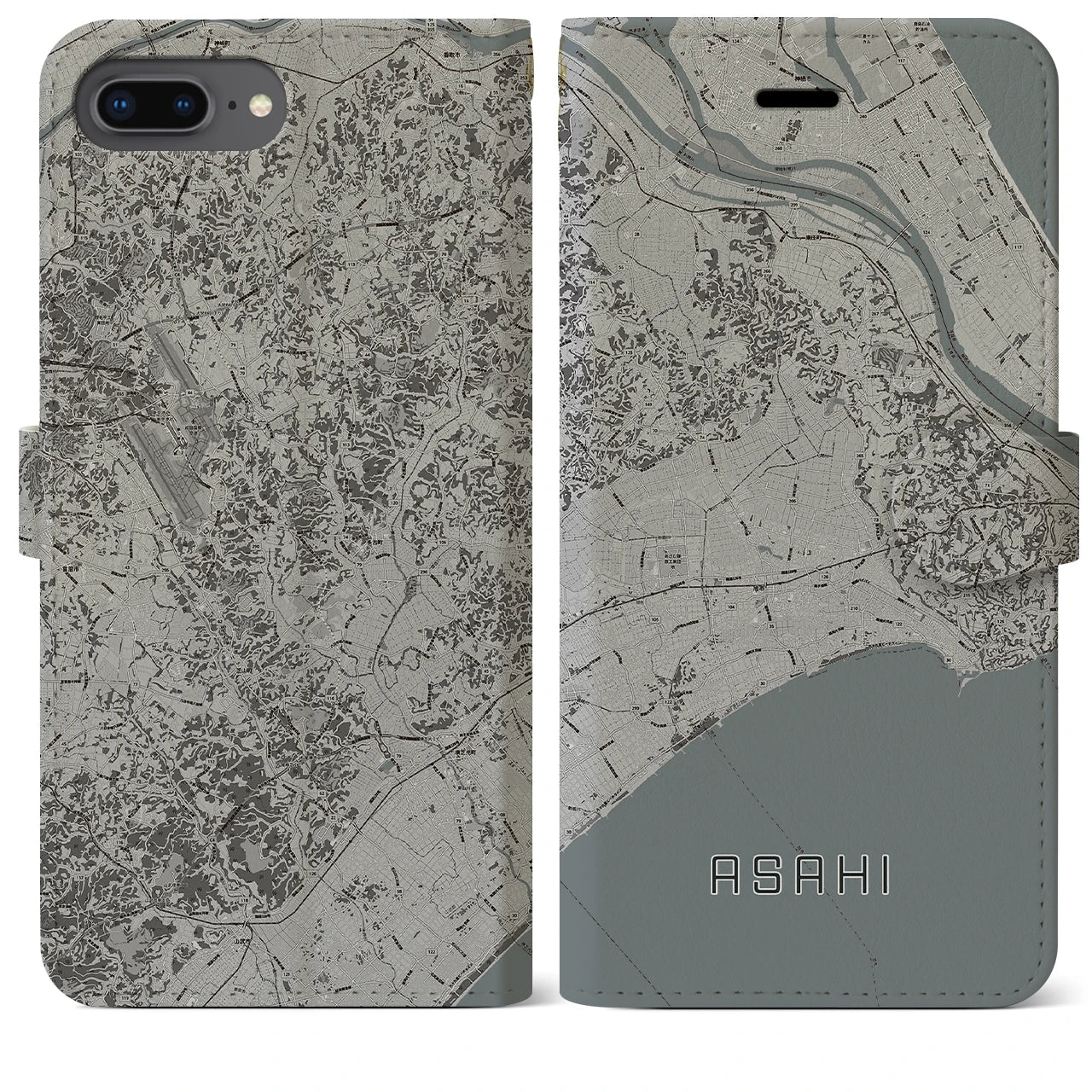 【旭(千葉県)】地図柄iPhoneケース(手帳タイプ)モノトーン・iPhone 8Plus /7Plus / 6sPlus / 6Plus 用