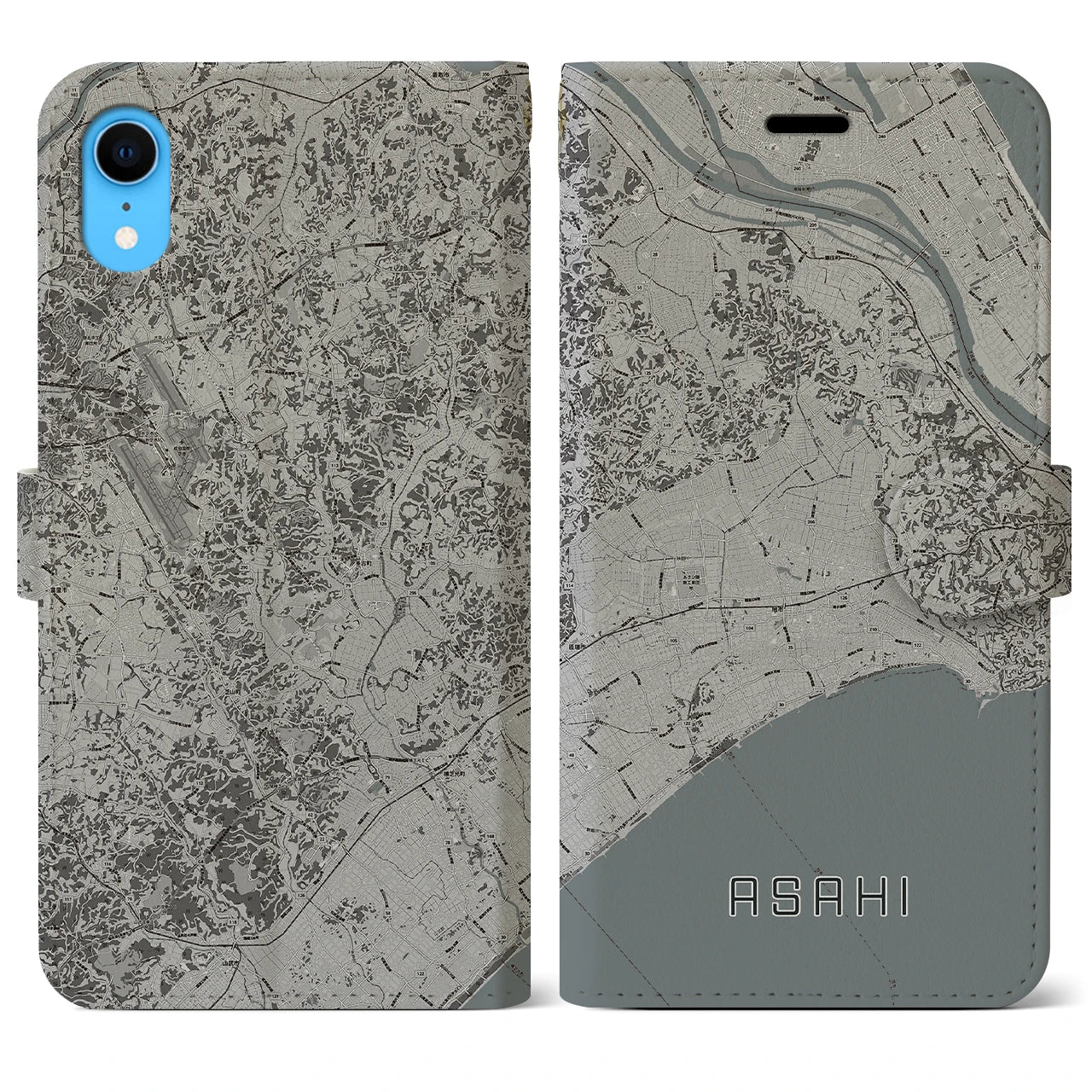 【旭(千葉県)】地図柄iPhoneケース(手帳タイプ)モノトーン・iPhone XR 用