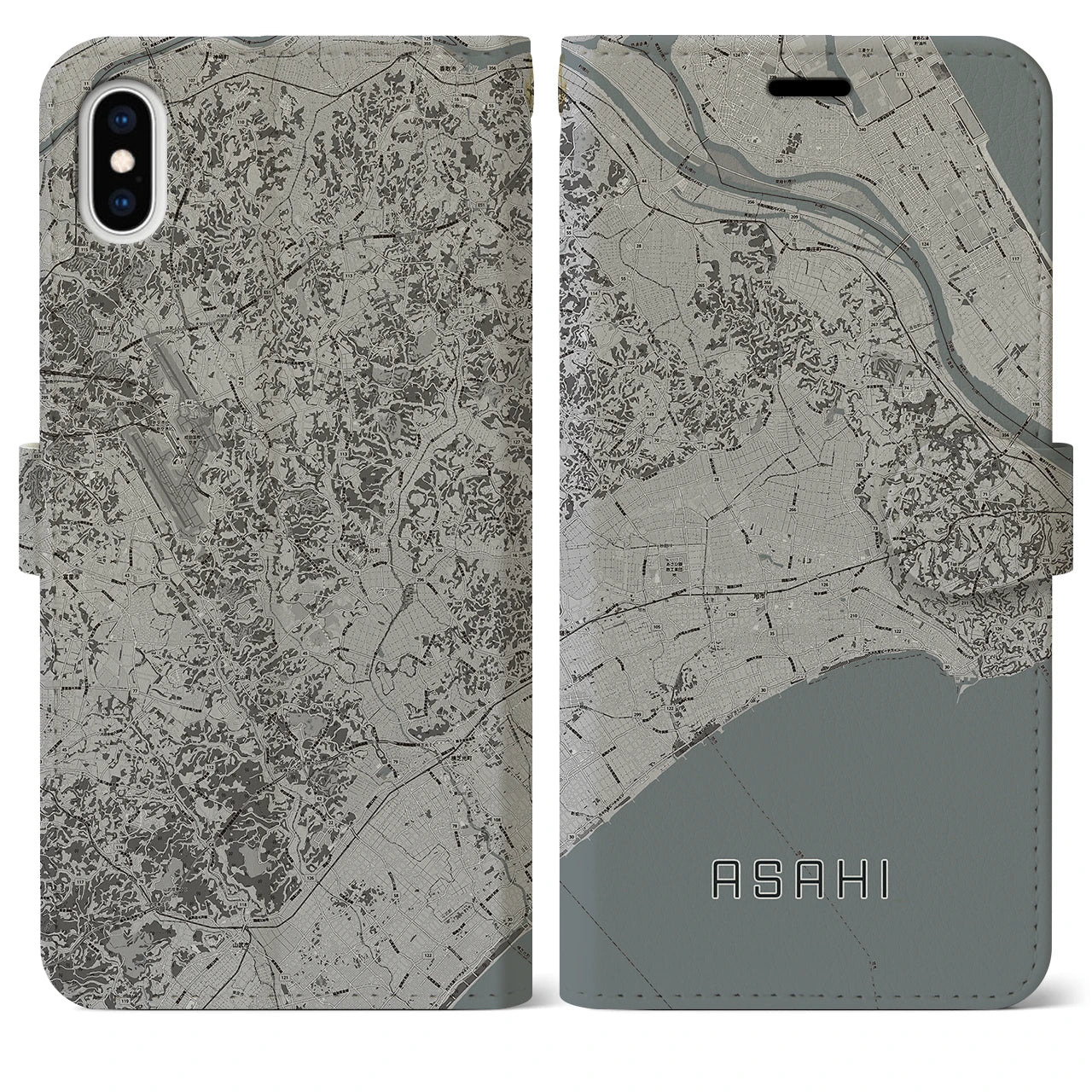 【旭(千葉県)】地図柄iPhoneケース(手帳タイプ)モノトーン・iPhone XS Max 用