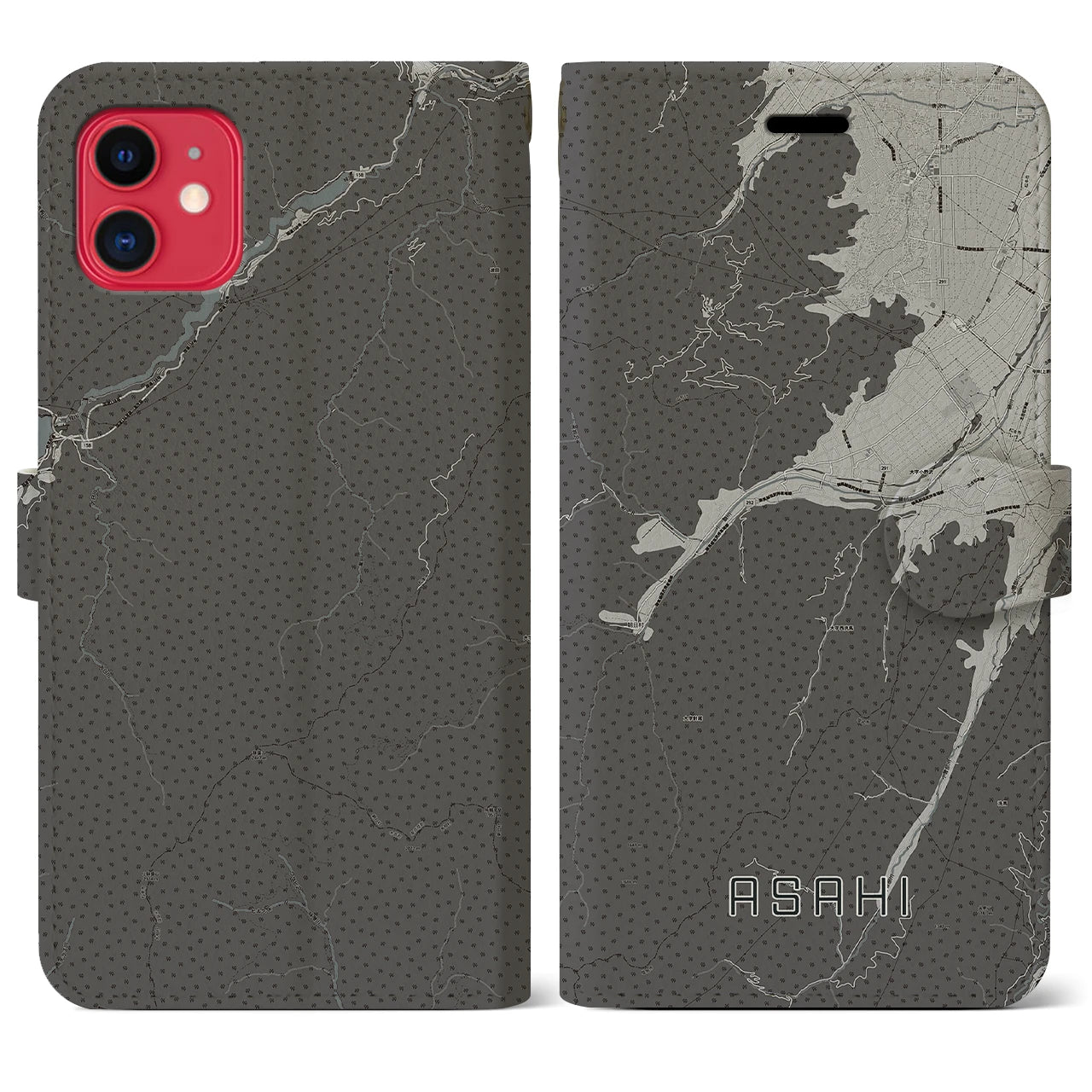 【朝日(長野県)】地図柄iPhoneケース(手帳タイプ)モノトーン・iPhone 11 用