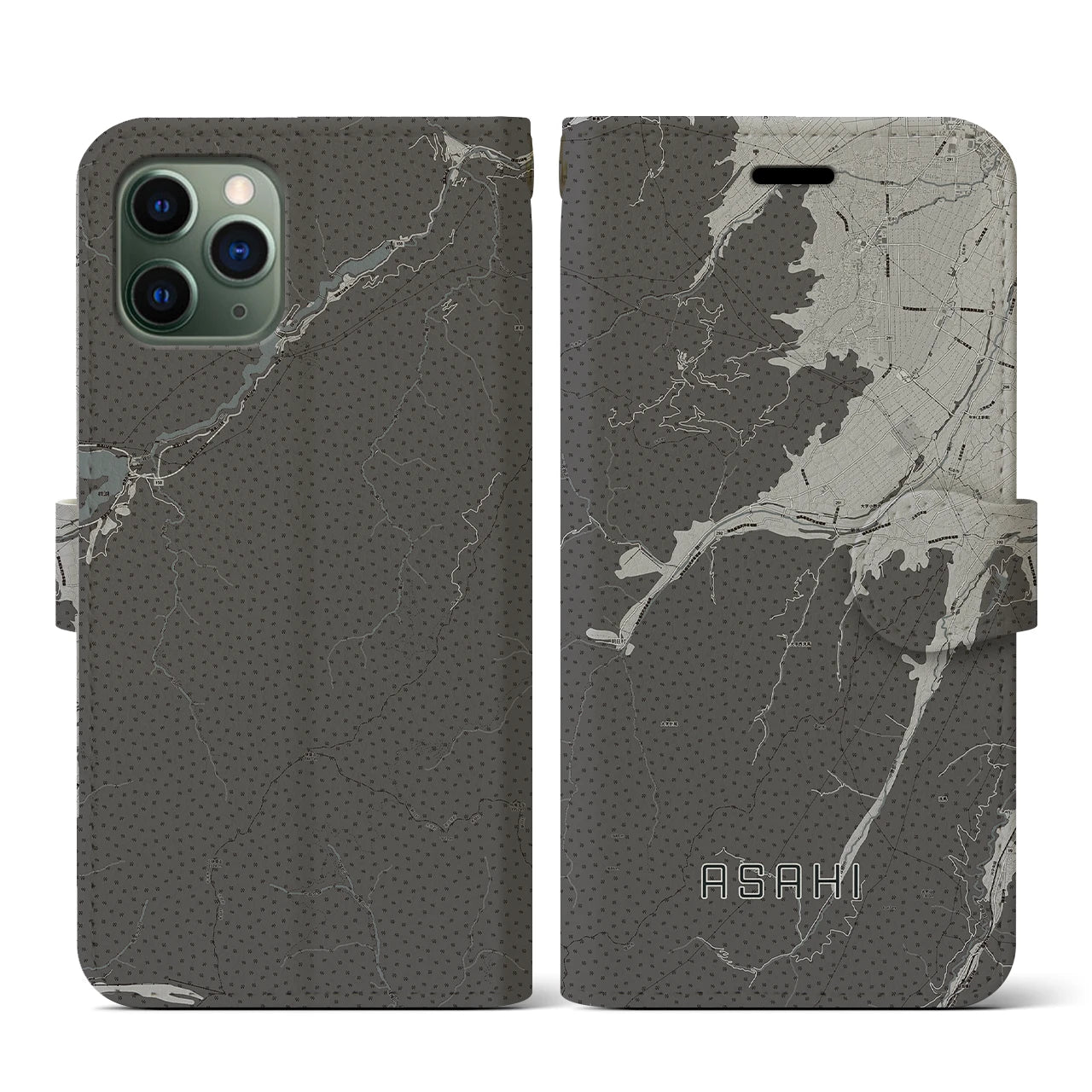 【朝日(長野県)】地図柄iPhoneケース(手帳タイプ)モノトーン・iPhone 11 Pro 用