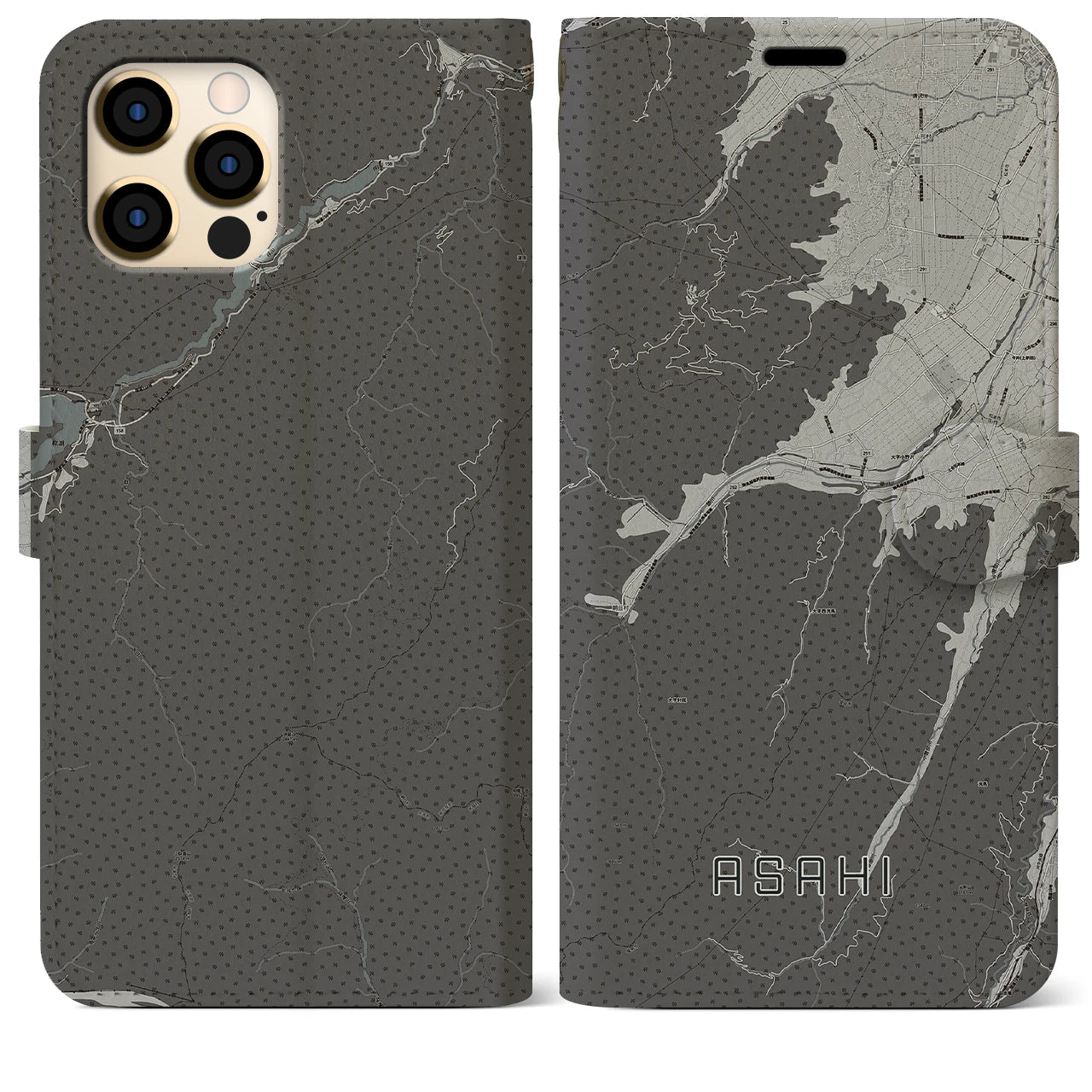 【朝日(長野県)】地図柄iPhoneケース(手帳タイプ)モノトーン・iPhone 12 Pro Max 用