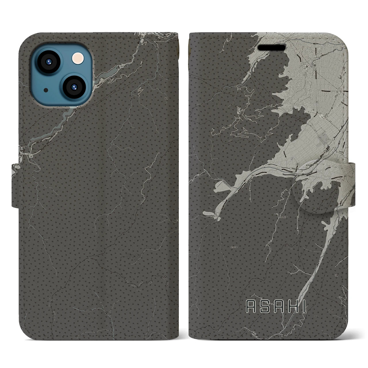 【朝日(長野県)】地図柄iPhoneケース(手帳タイプ)モノトーン・iPhone 13 用