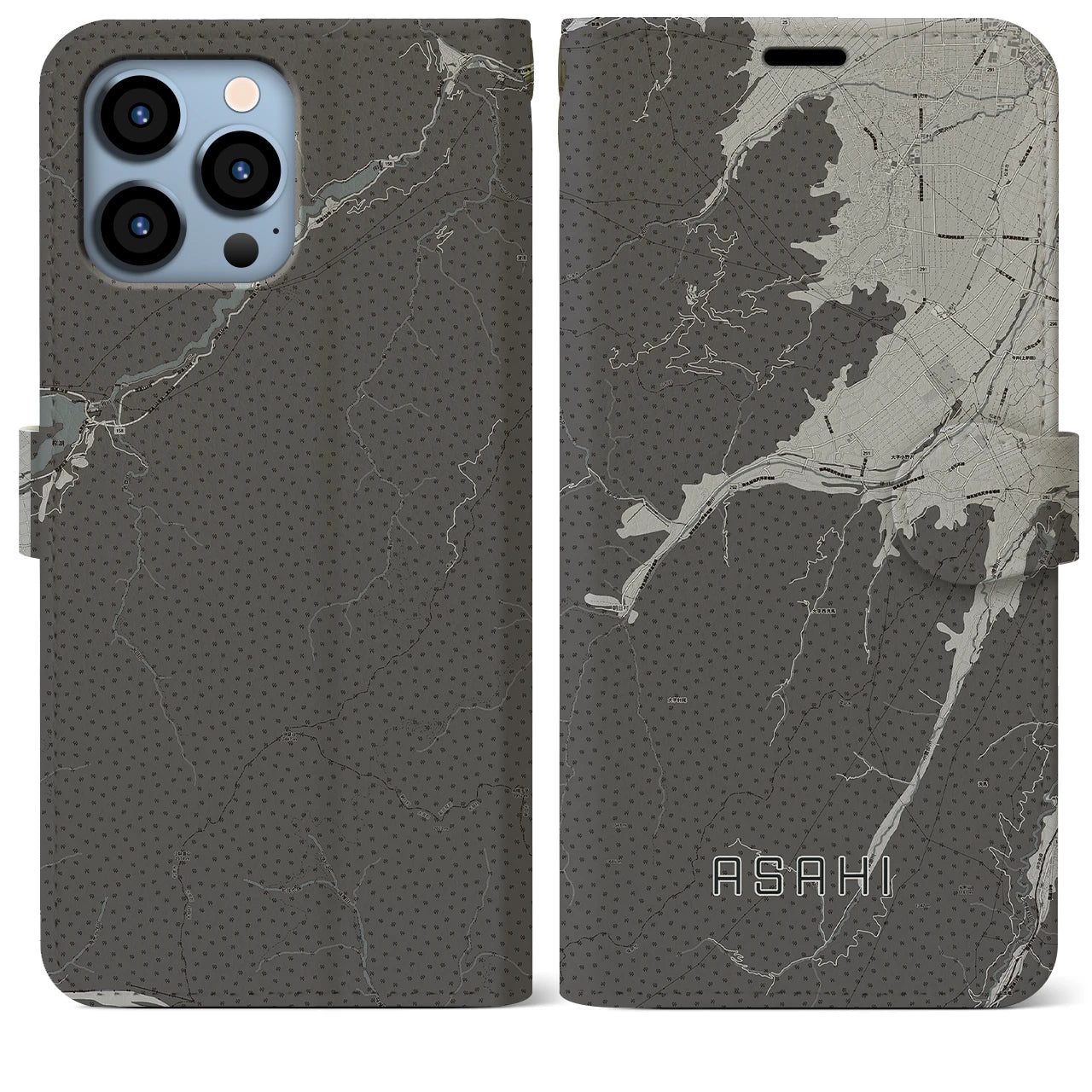 【朝日(長野県)】地図柄iPhoneケース(手帳タイプ)モノトーン・iPhone 13 Pro Max 用