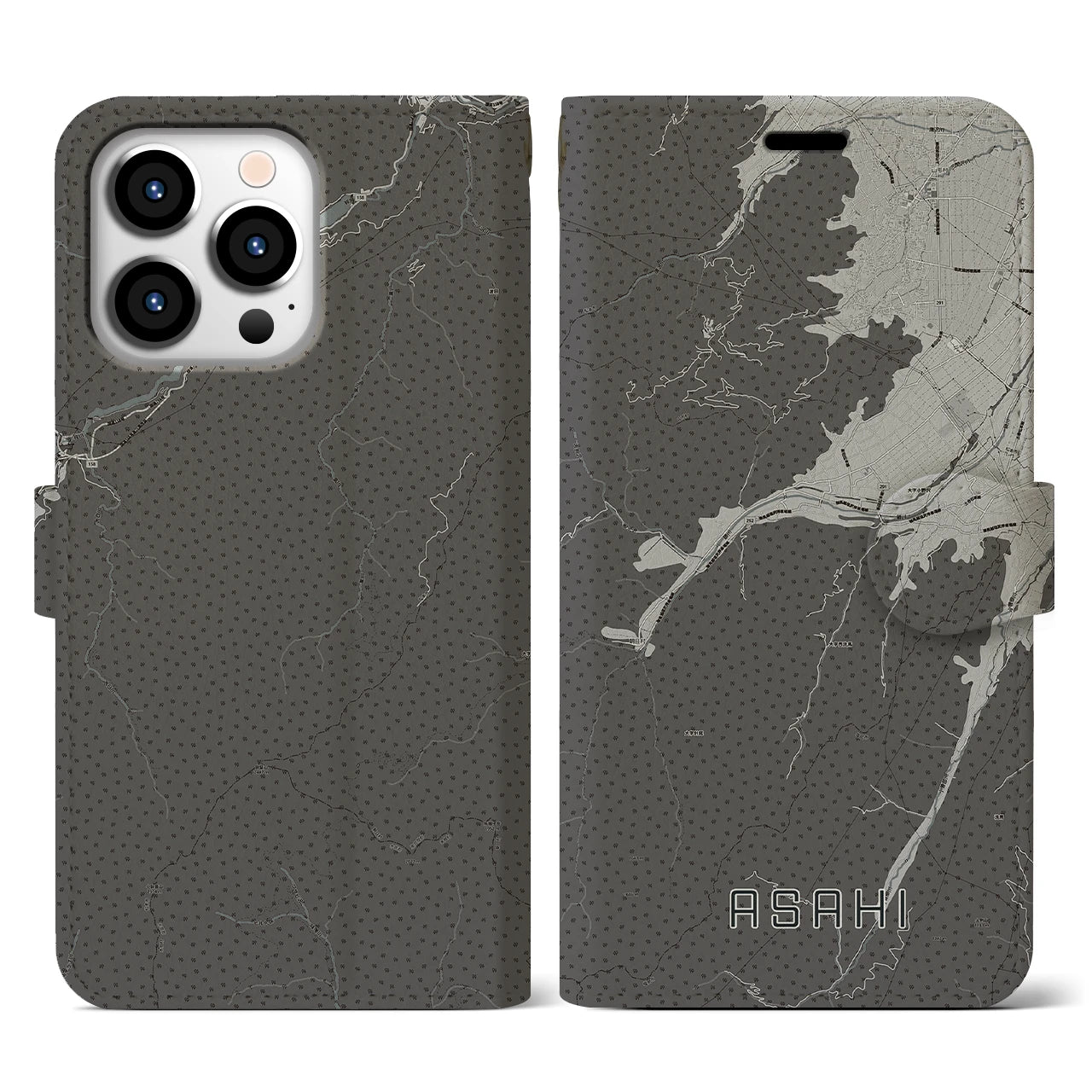 【朝日(長野県)】地図柄iPhoneケース(手帳タイプ)モノトーン・iPhone 13 Pro 用