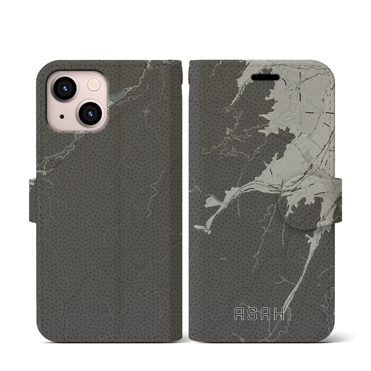 【朝日(長野県)】地図柄iPhoneケース(手帳タイプ)モノトーン・iPhone 13 mini 用