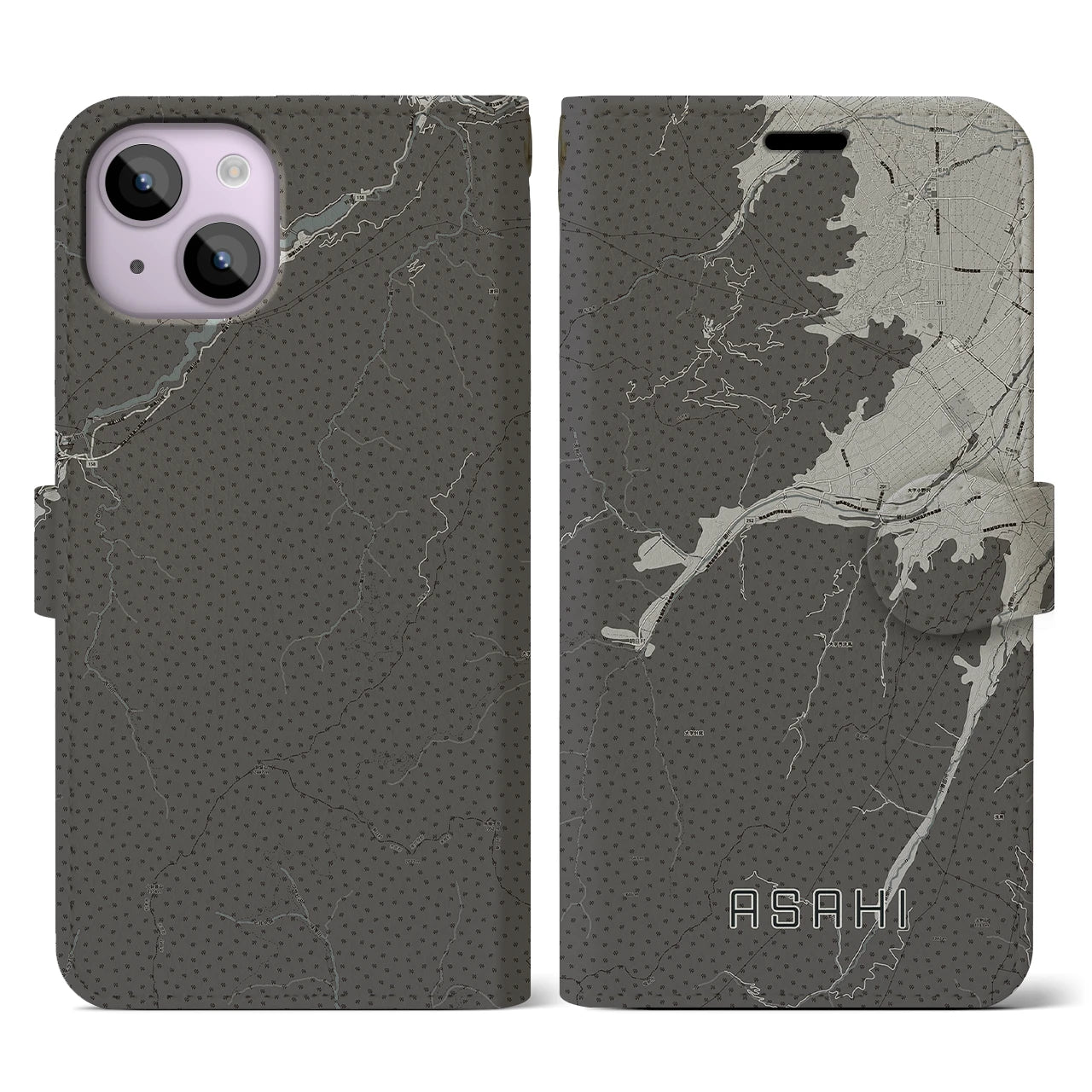 【朝日(長野県)】地図柄iPhoneケース(手帳タイプ)モノトーン・iPhone 14 用