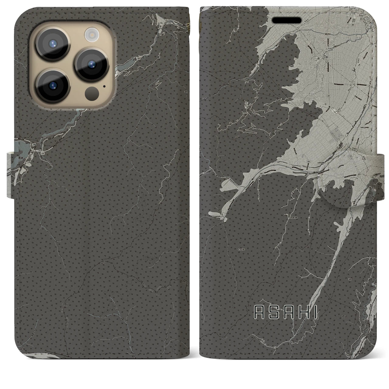 【朝日(長野県)】地図柄iPhoneケース(手帳タイプ)モノトーン・iPhone 14 Pro Max 用