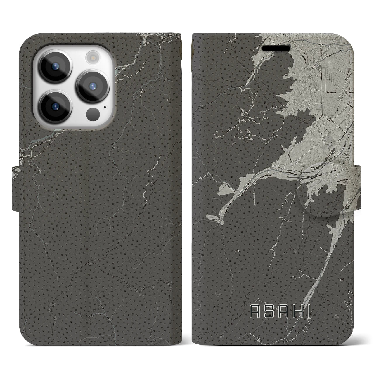 【朝日(長野県)】地図柄iPhoneケース(手帳タイプ)モノトーン・iPhone 14 Pro 用