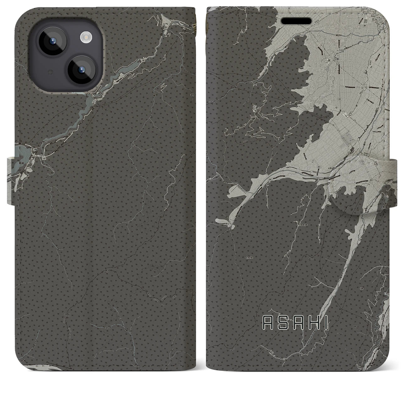 【朝日(長野県)】地図柄iPhoneケース(手帳タイプ)モノトーン・iPhone 14 Plus 用