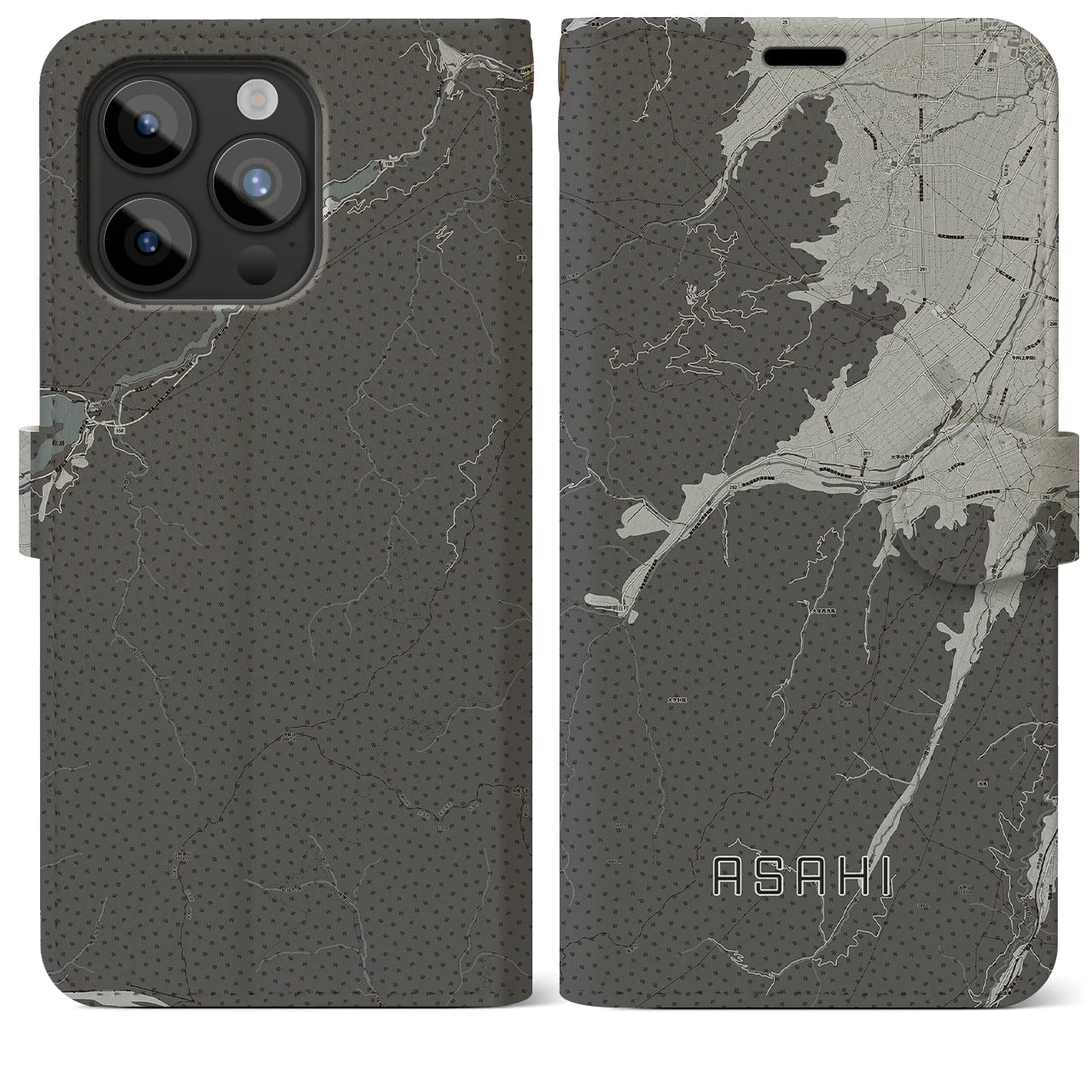 【朝日(長野県)】地図柄iPhoneケース(手帳タイプ)モノトーン・iPhone 15 Pro Max 用