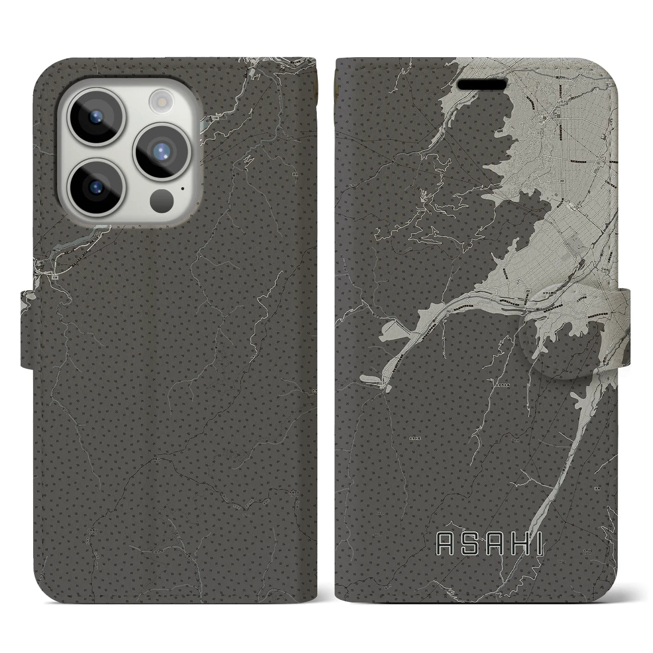 【朝日(長野県)】地図柄iPhoneケース(手帳タイプ)モノトーン・iPhone 15 Pro 用