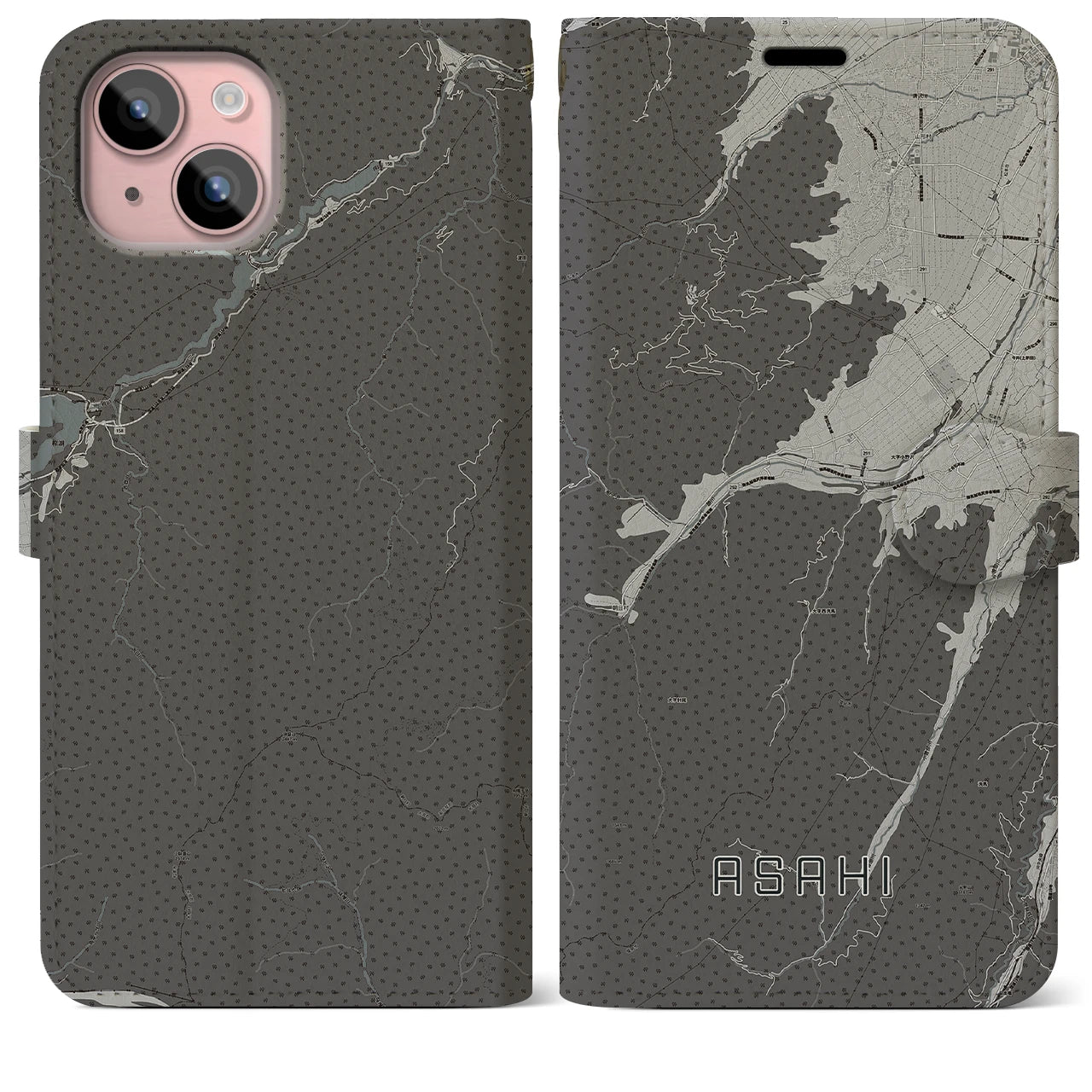 【朝日(長野県)】地図柄iPhoneケース(手帳タイプ)モノトーン・iPhone 15 Plus 用