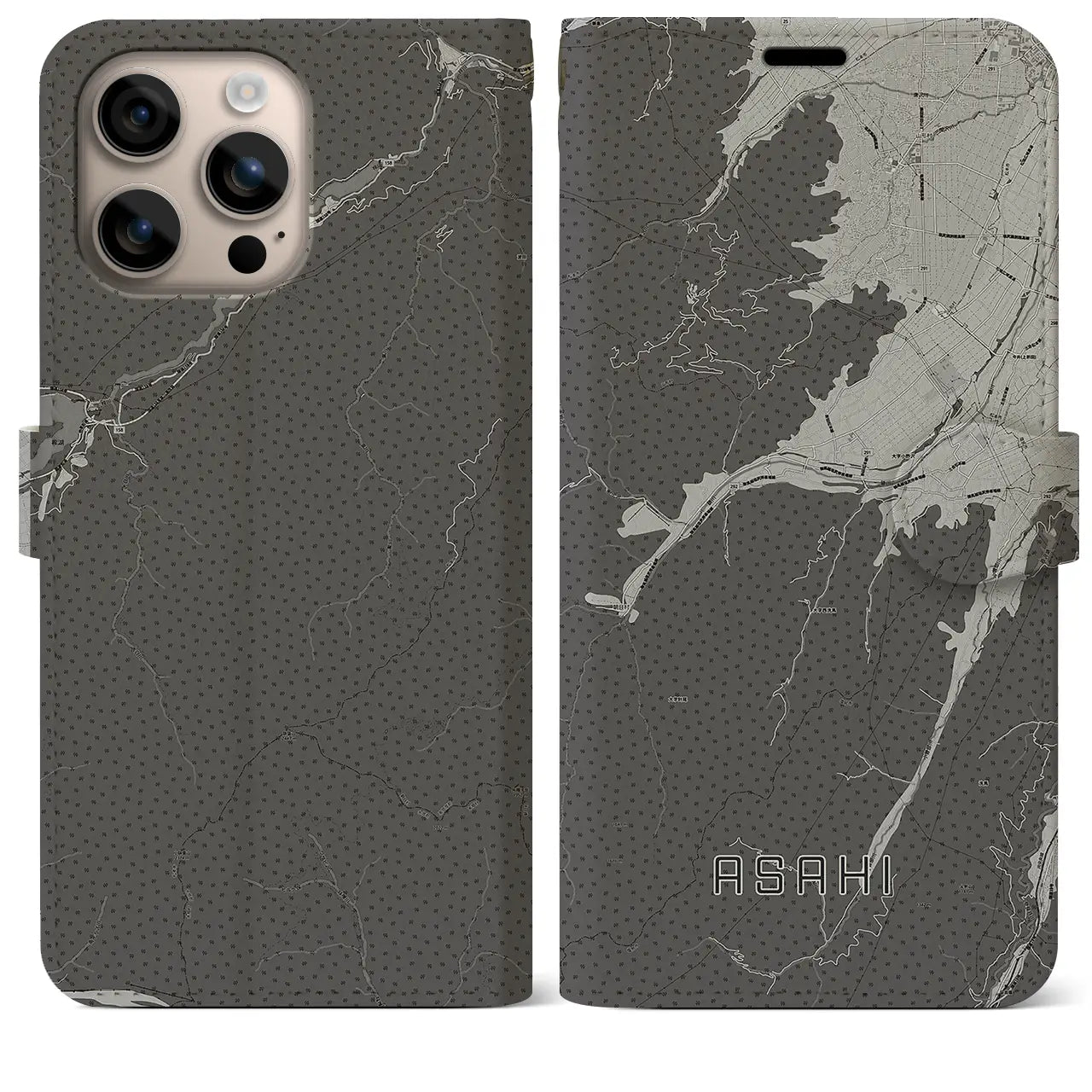 【朝日(長野県)】地図柄iPhoneケース(手帳タイプ)モノトーン・iPhone 16 Plus 用