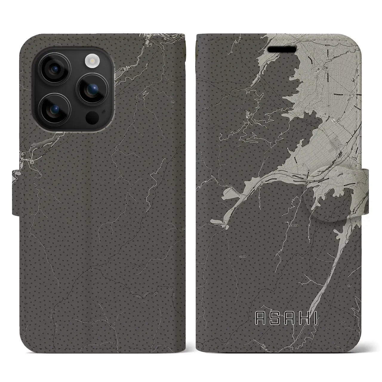 【朝日(長野県)】地図柄iPhoneケース(手帳タイプ)モノトーン・iPhone 16 用