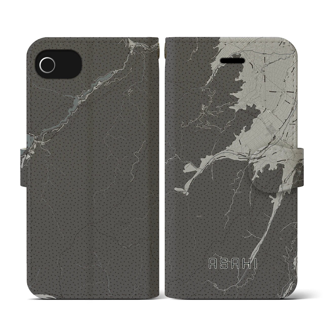 【朝日(長野県)】地図柄iPhoneケース(手帳タイプ)モノトーン・iPhone SE(第3 / 第2世代) / 8 / 7 / 6s / 6 用