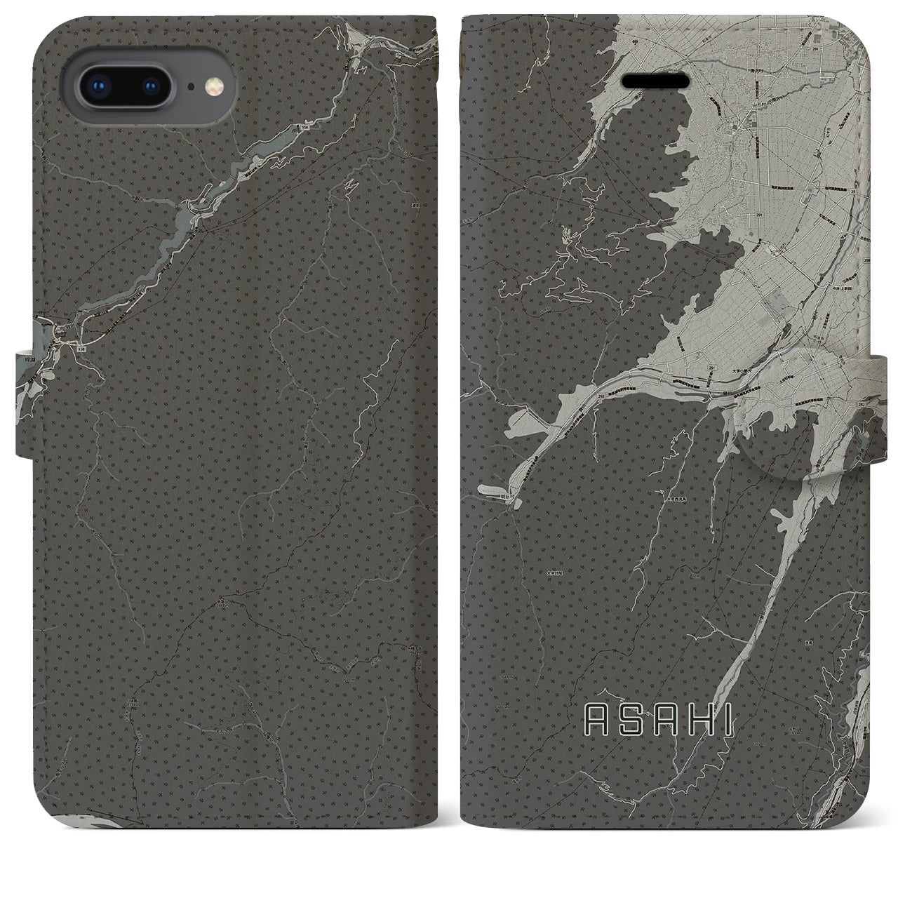 【朝日(長野県)】地図柄iPhoneケース(手帳タイプ)モノトーン・iPhone 8Plus /7Plus / 6sPlus / 6Plus 用