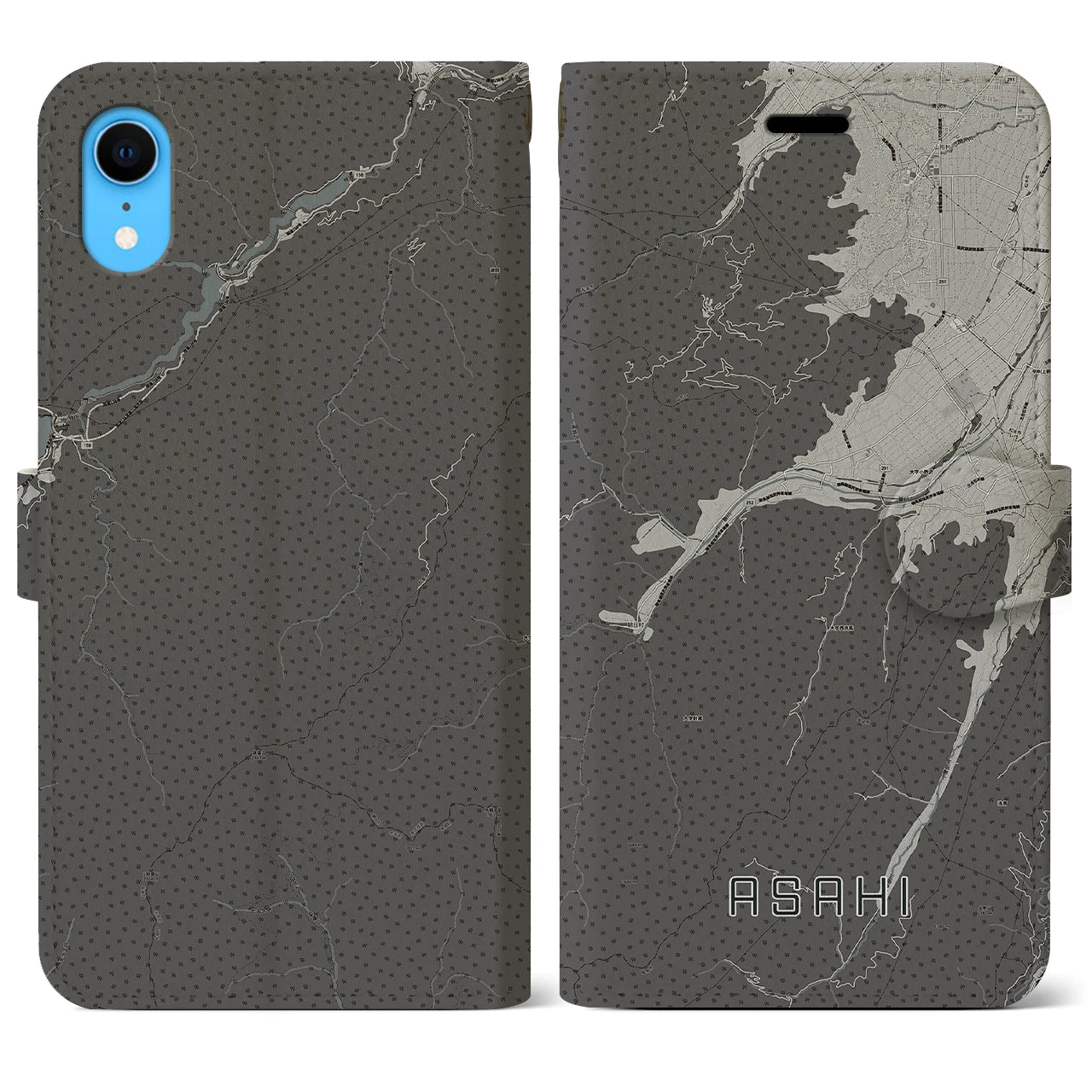 【朝日(長野県)】地図柄iPhoneケース(手帳タイプ)モノトーン・iPhone XR 用