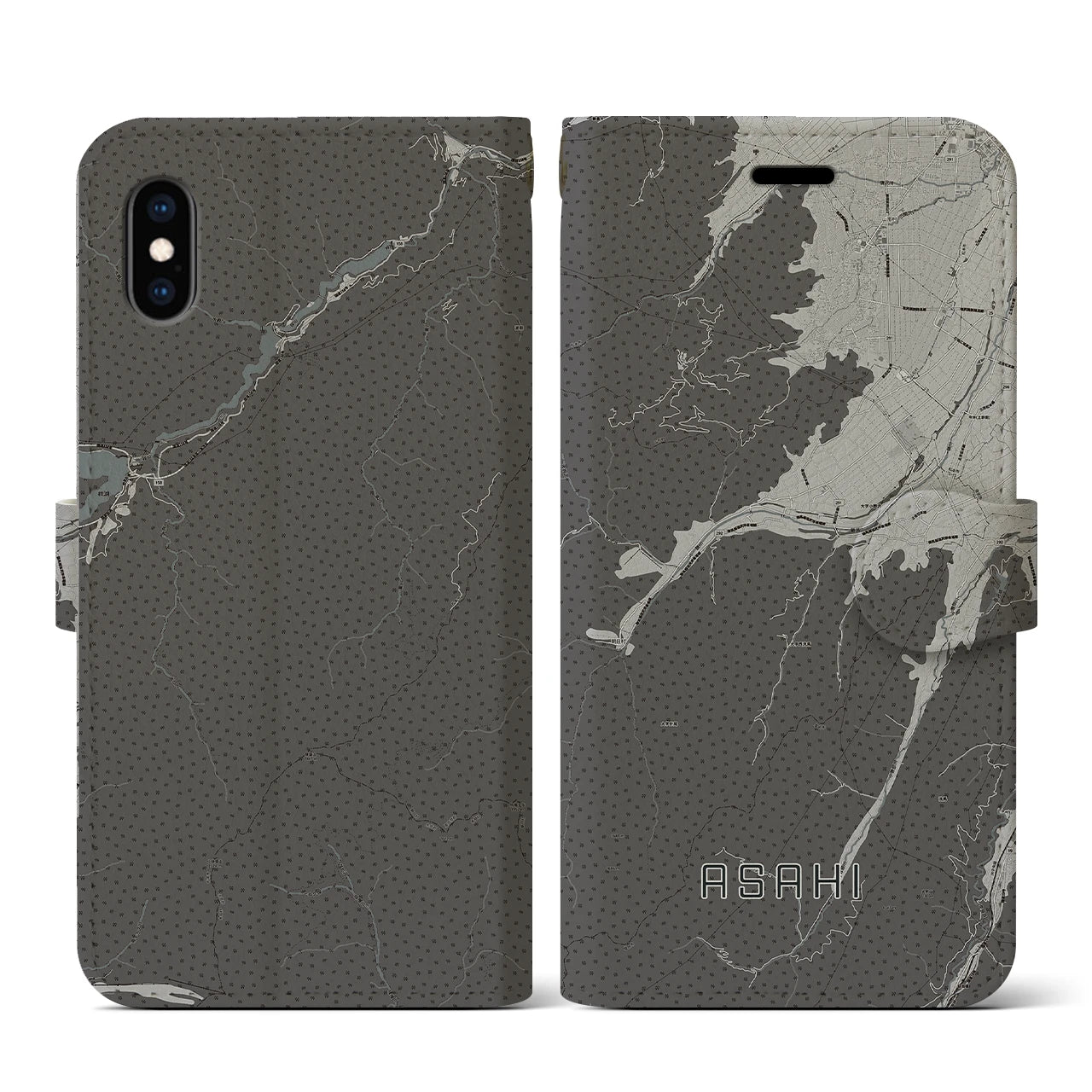 【朝日(長野県)】地図柄iPhoneケース(手帳タイプ)モノトーン・iPhone XS / X 用