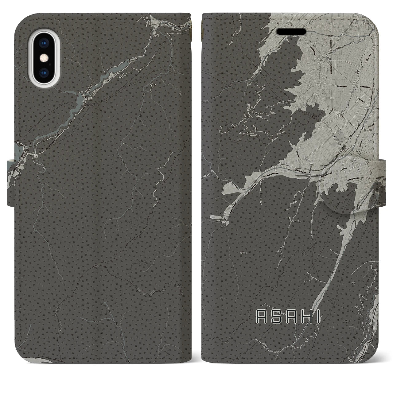 【朝日(長野県)】地図柄iPhoneケース(手帳タイプ)モノトーン・iPhone XS Max 用