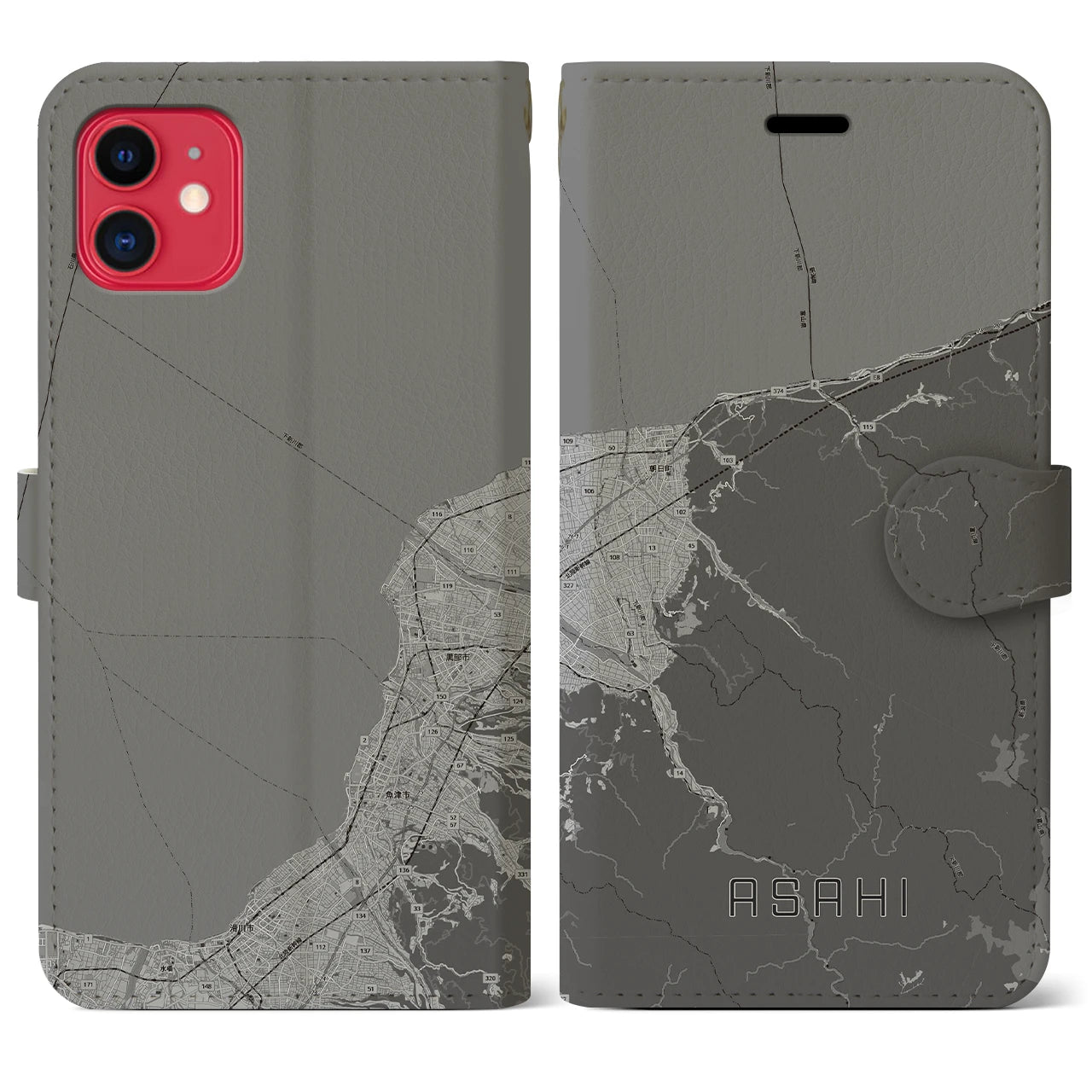 【朝日(富山県)】地図柄iPhoneケース(手帳タイプ)モノトーン・iPhone 11 用