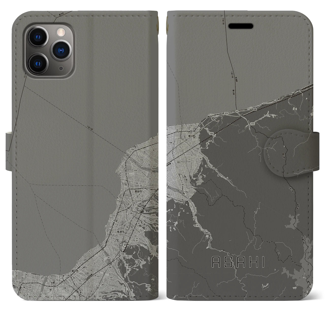 【朝日(富山県)】地図柄iPhoneケース(手帳タイプ)モノトーン・iPhone 11 Pro Max 用