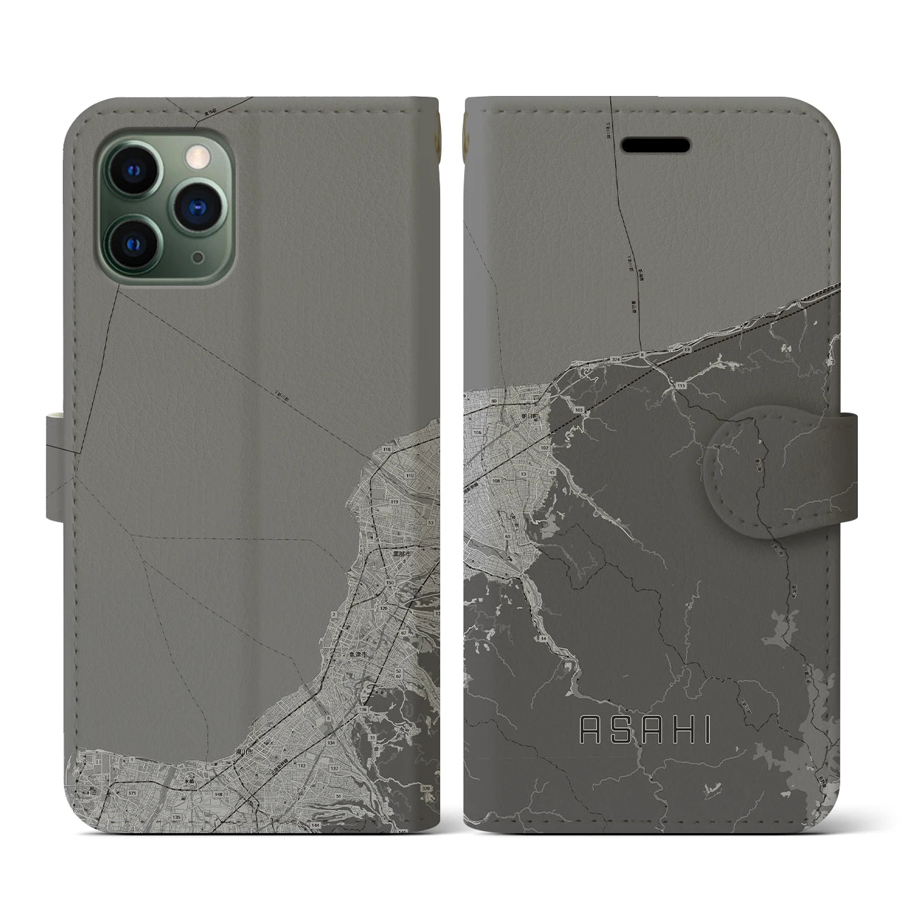 【朝日(富山県)】地図柄iPhoneケース(手帳タイプ)モノトーン・iPhone 11 Pro 用