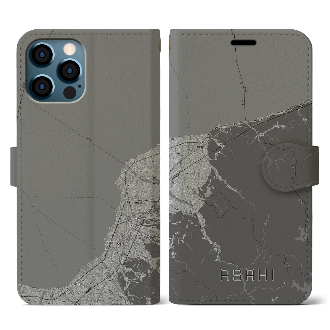 【朝日(富山県)】地図柄iPhoneケース(手帳タイプ)モノトーン・iPhone 12 / 12 Pro 用