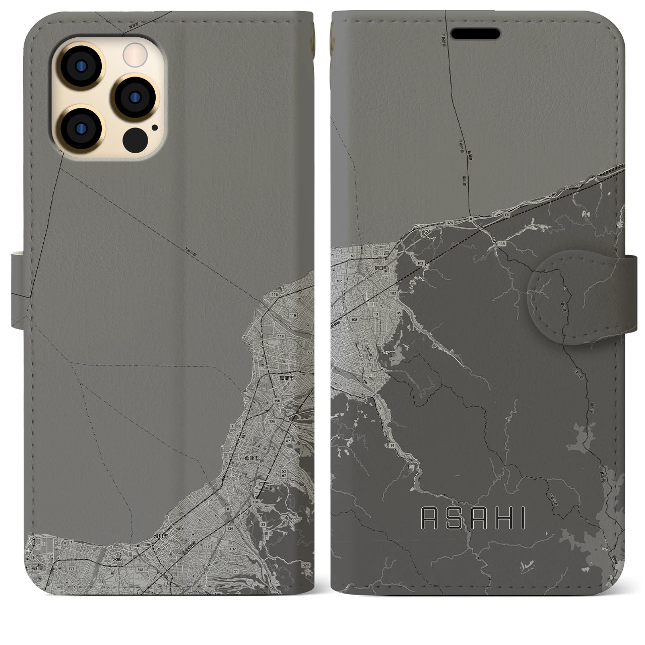 【朝日(富山県)】地図柄iPhoneケース(手帳タイプ)モノトーン・iPhone 12 Pro Max 用