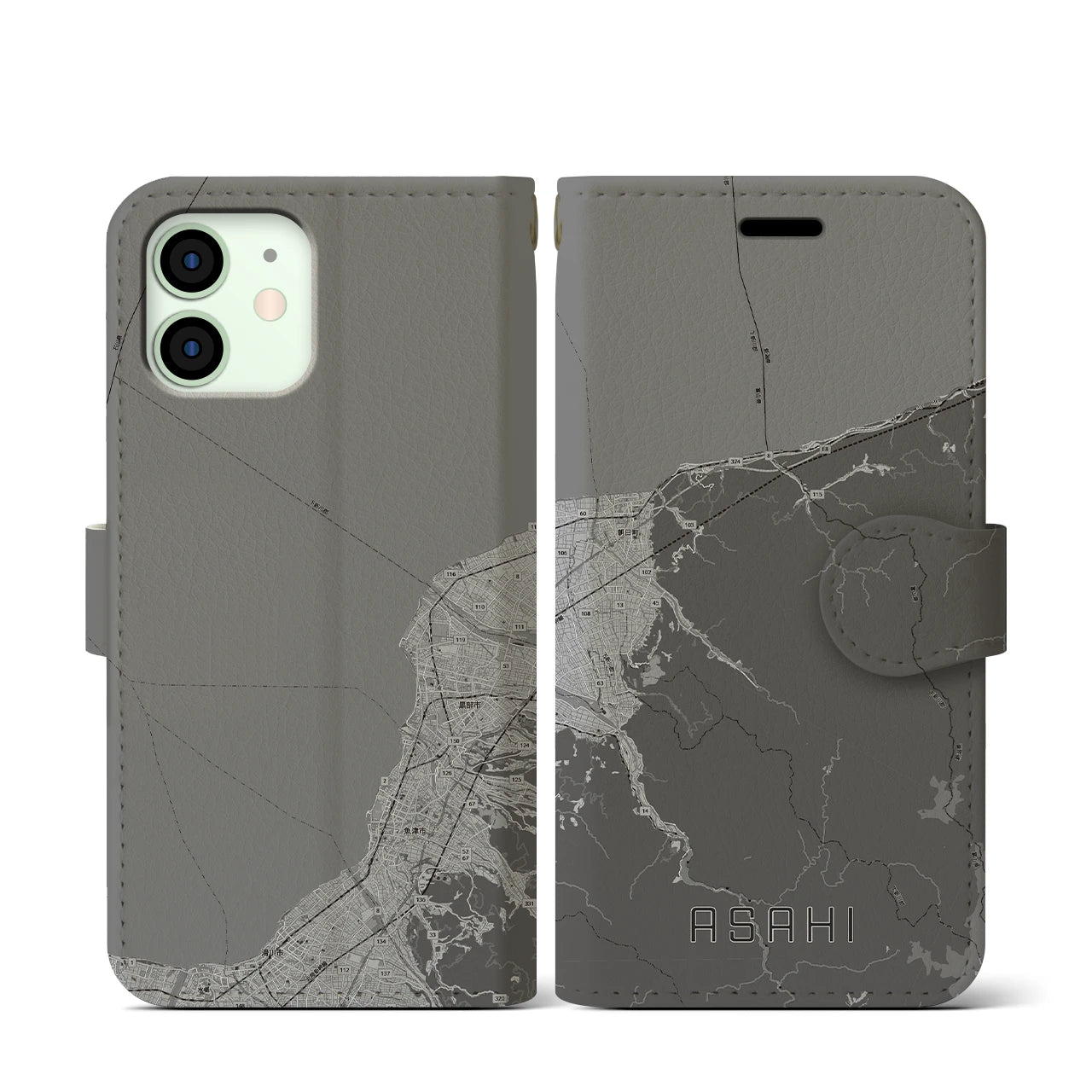 【朝日(富山県)】地図柄iPhoneケース(手帳タイプ)モノトーン・iPhone 12 mini 用