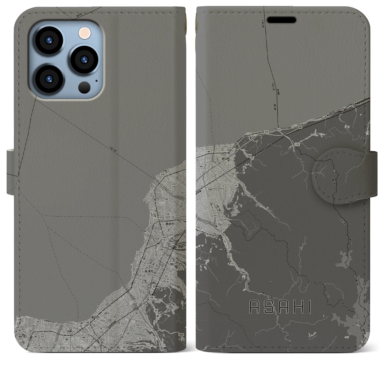 【朝日(富山県)】地図柄iPhoneケース(手帳タイプ)モノトーン・iPhone 13 Pro Max 用