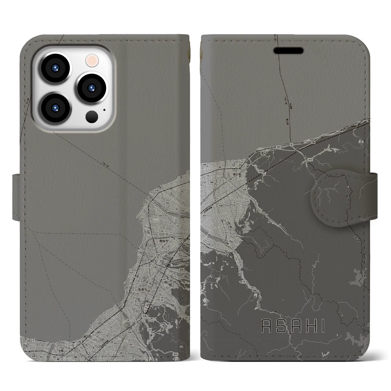 【朝日(富山県)】地図柄iPhoneケース(手帳タイプ)モノトーン・iPhone 13 Pro 用