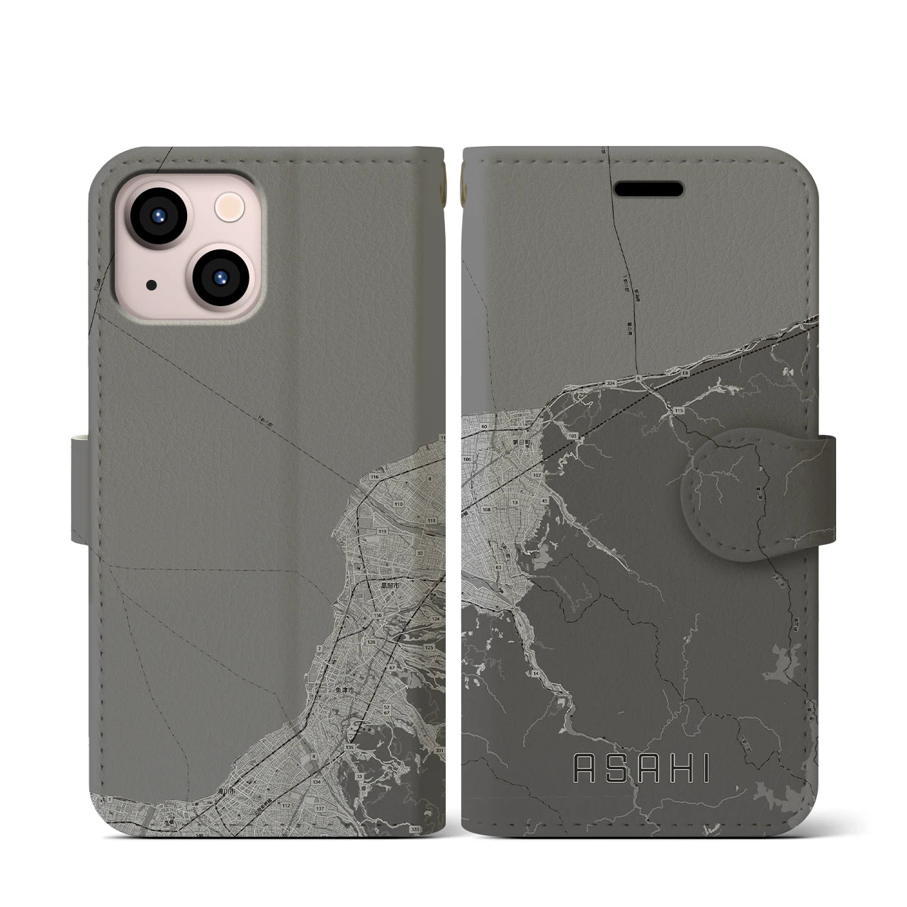 【朝日(富山県)】地図柄iPhoneケース(手帳タイプ)モノトーン・iPhone 13 mini 用
