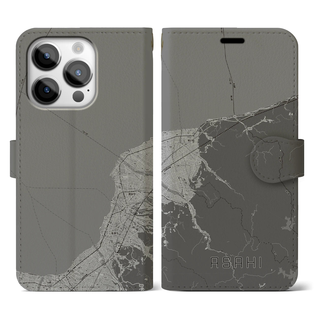 【朝日(富山県)】地図柄iPhoneケース(手帳タイプ)モノトーン・iPhone 14 Pro 用
