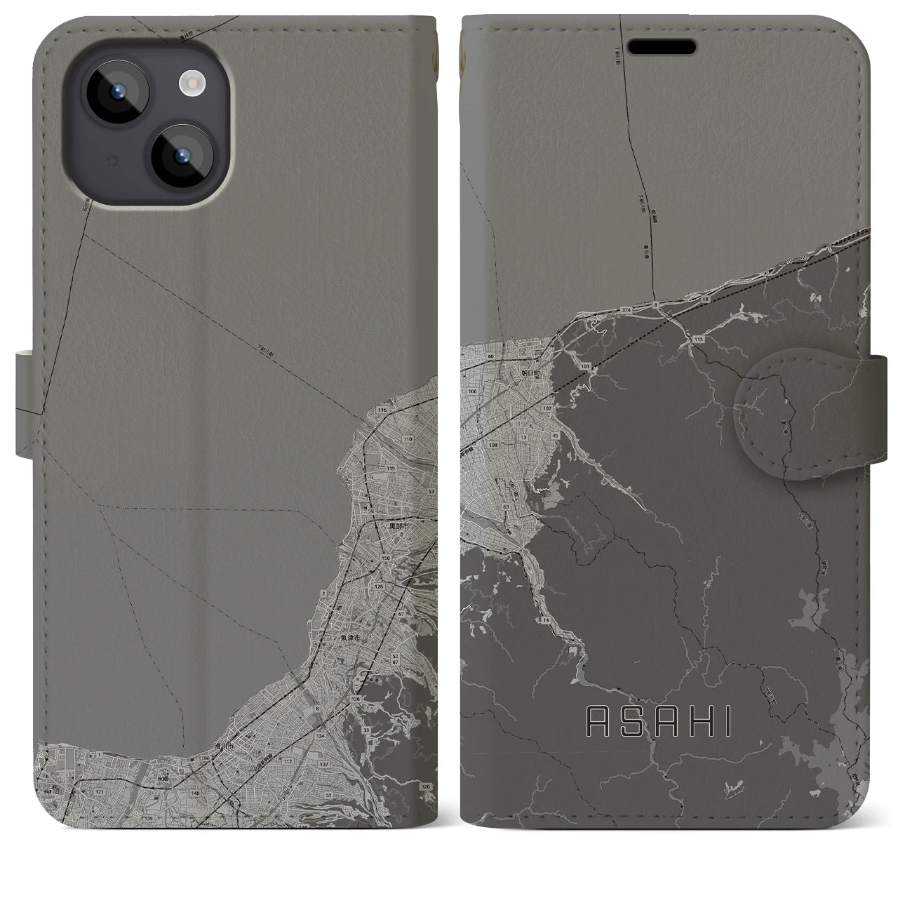 【朝日(富山県)】地図柄iPhoneケース(手帳タイプ)モノトーン・iPhone 14 Plus 用