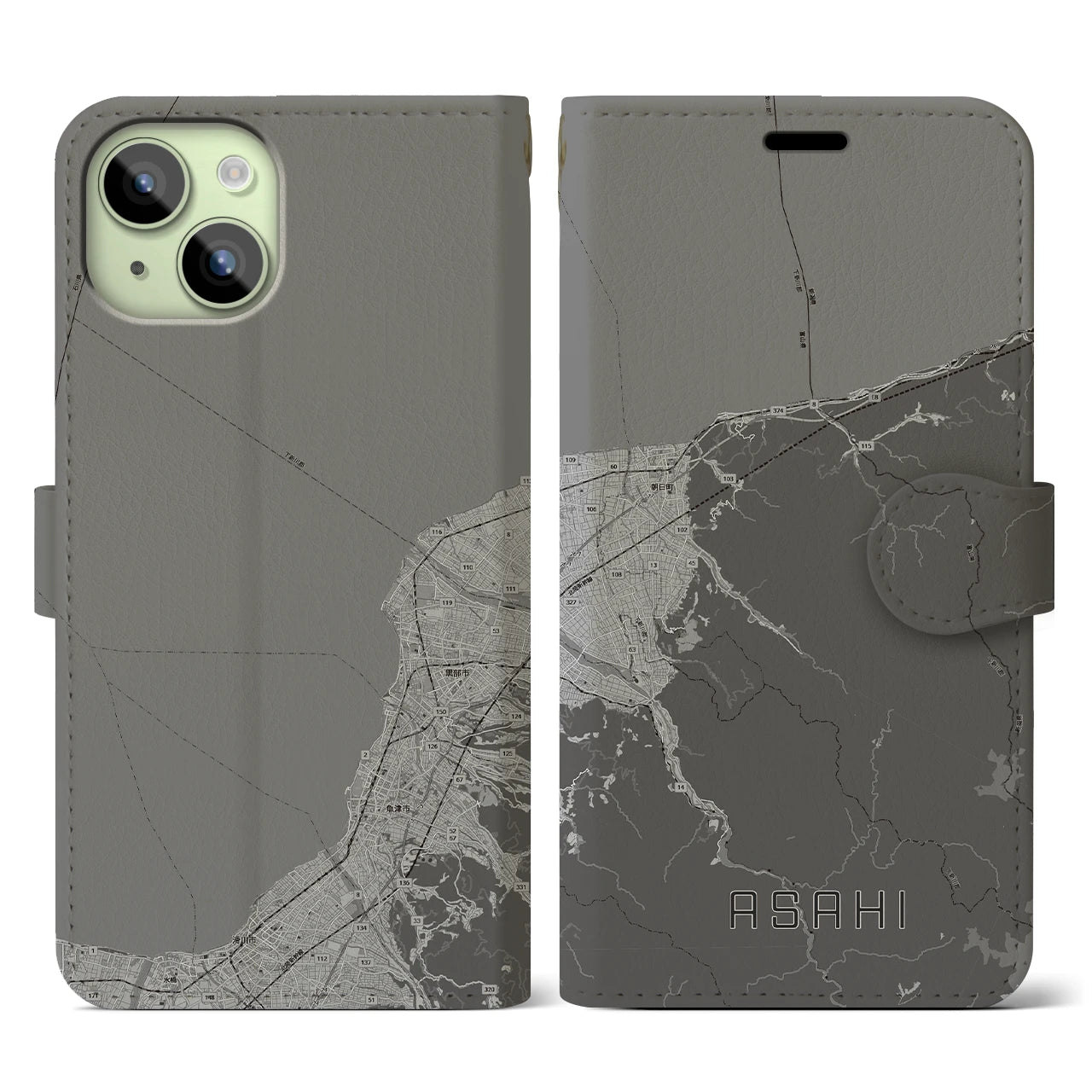 【朝日(富山県)】地図柄iPhoneケース(手帳タイプ)モノトーン・iPhone 15 用