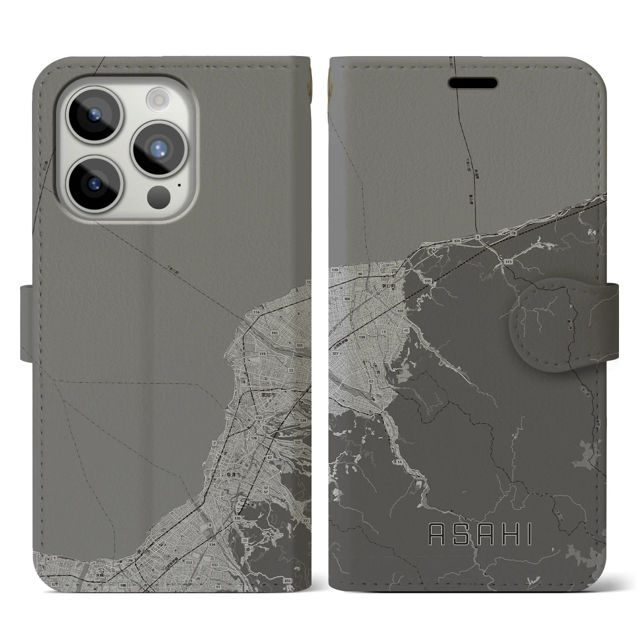 【朝日(富山県)】地図柄iPhoneケース(手帳タイプ)モノトーン・iPhone 15 Pro 用